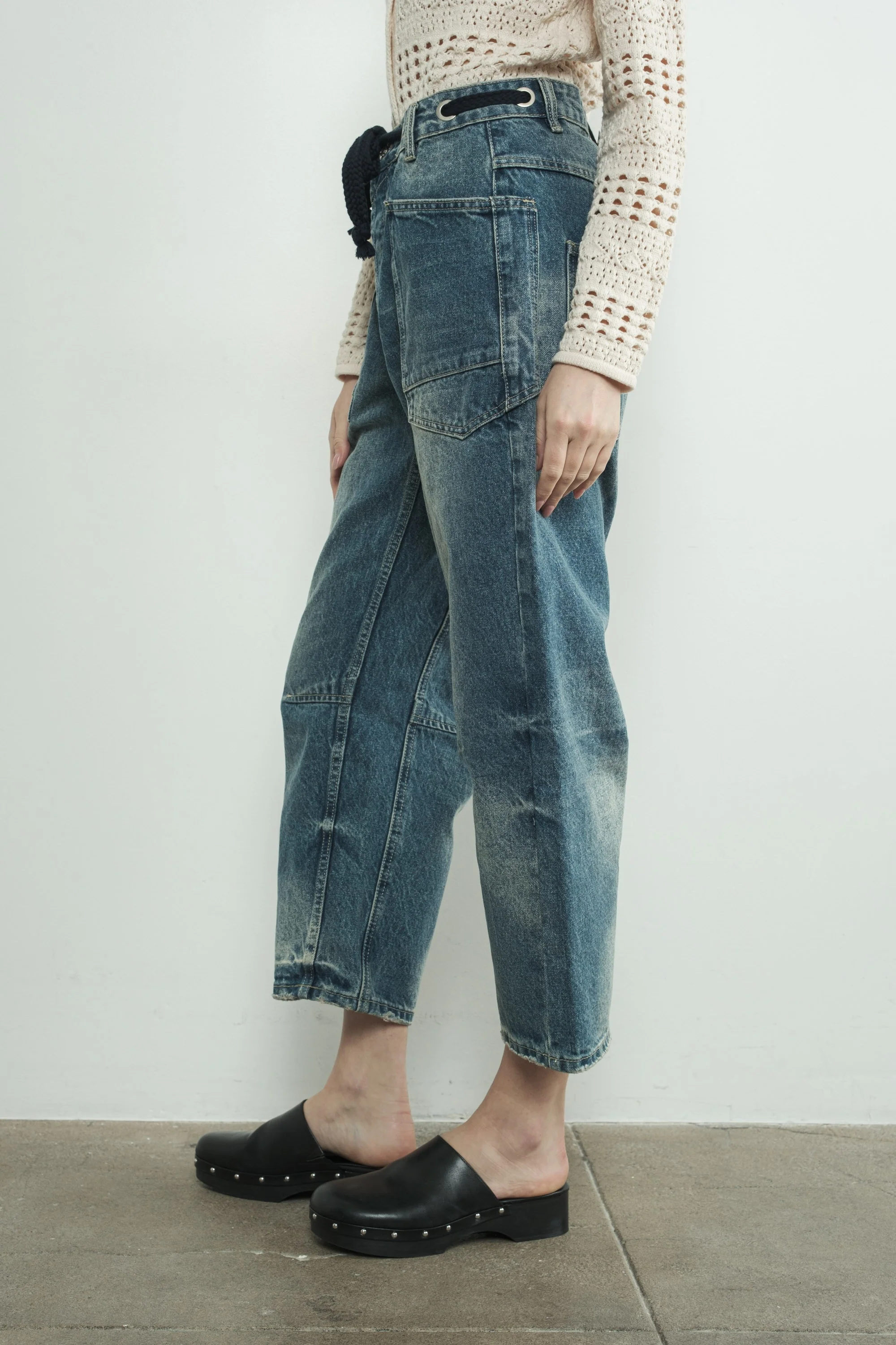 Barrel Denim Pants with Eyelet Waist - XAYUYUE