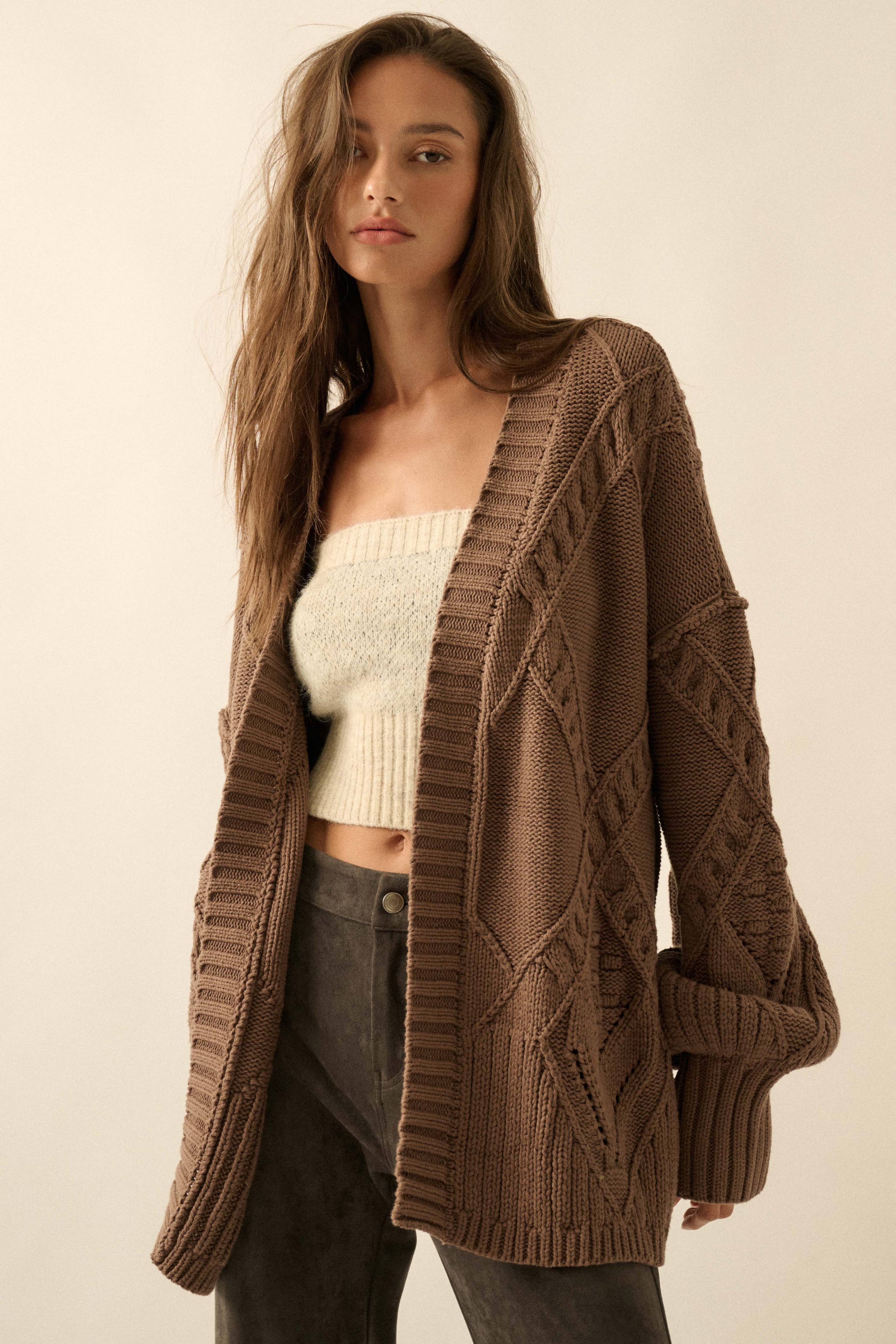 Cable-Knit Oversize Balloon-Sleeve Cardigan: Mocha - XAYUYUE