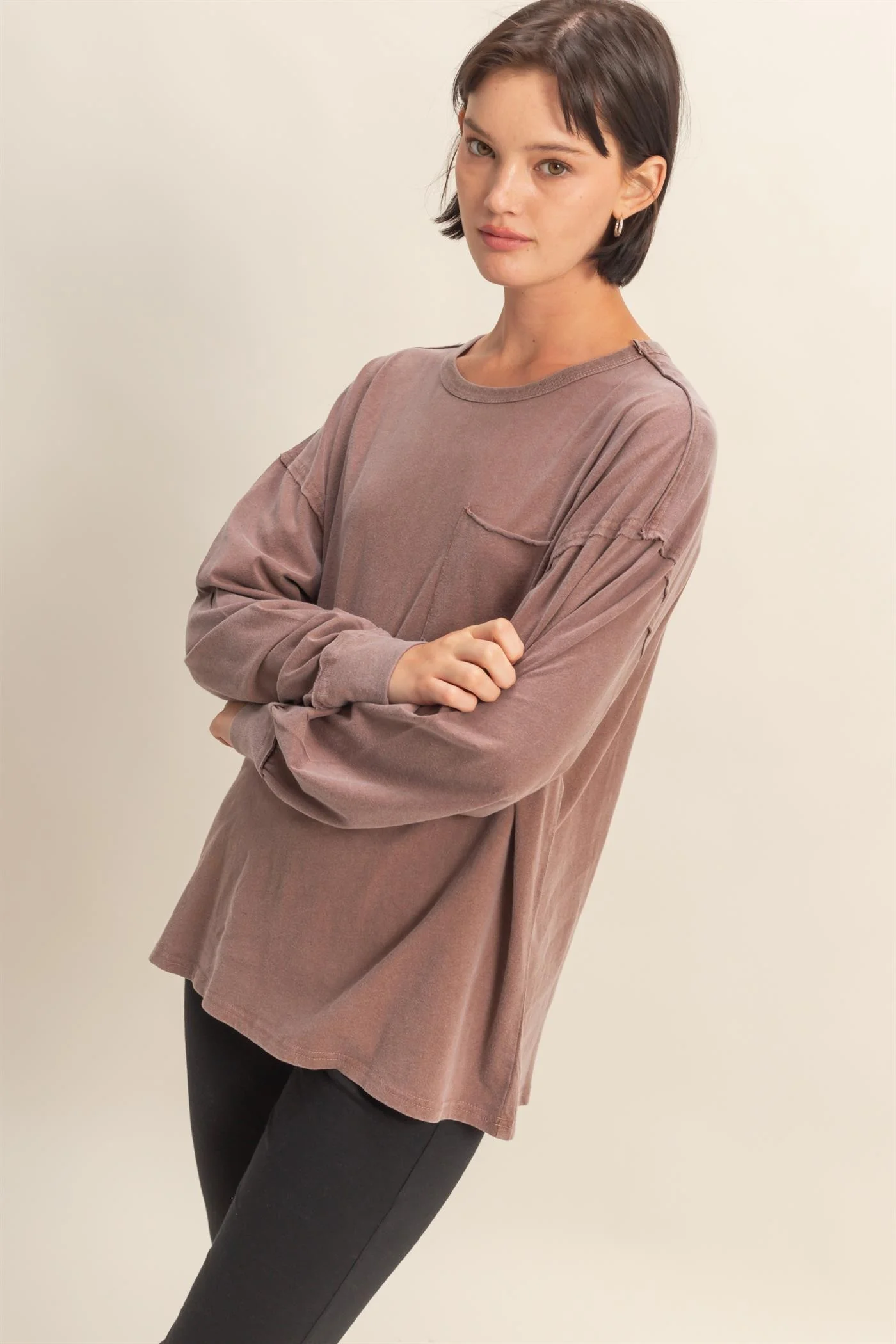 Oversized Washed Long Sleeve Pocket Tee - XAYUYUE