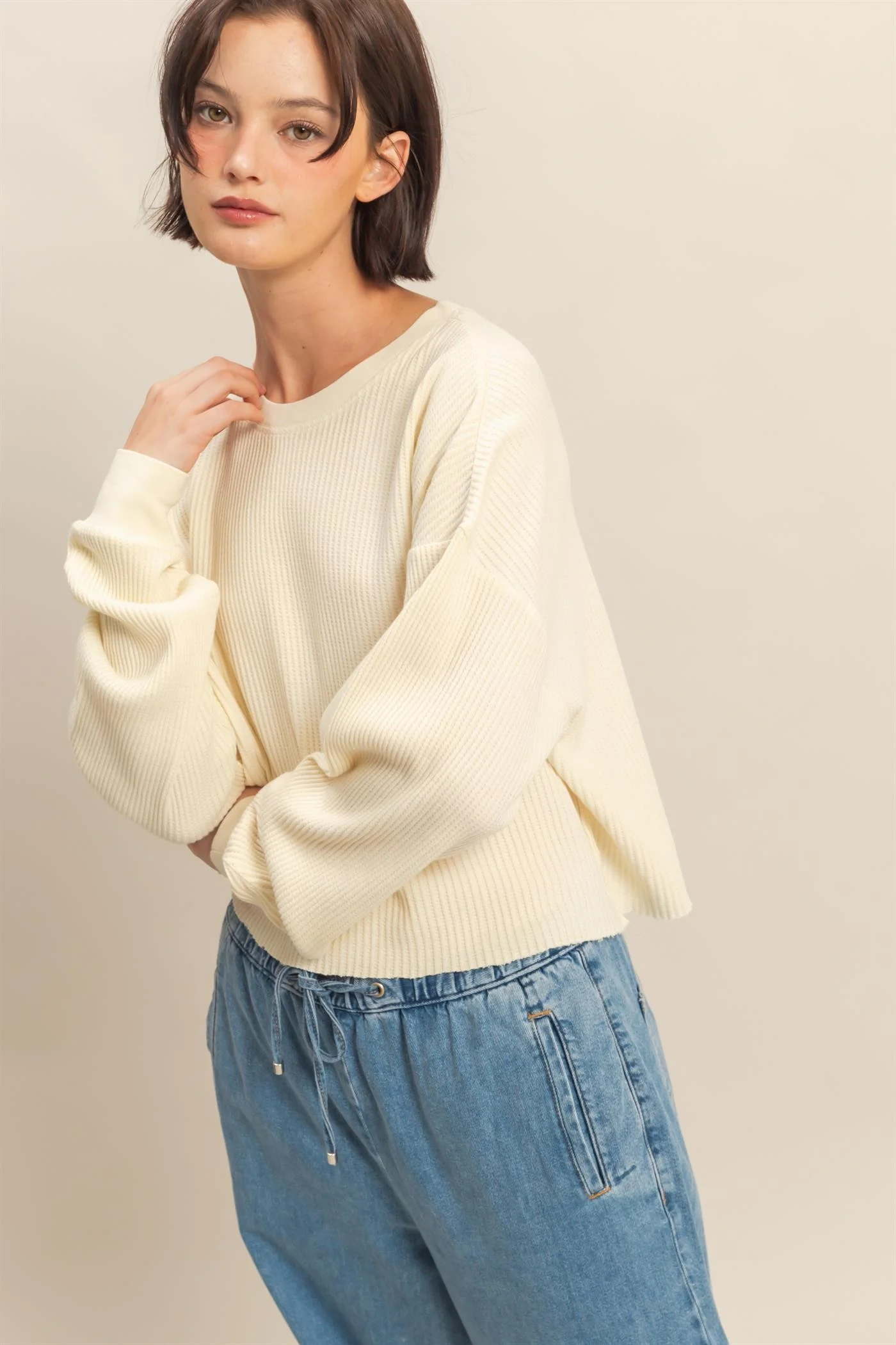 Mineral Washed Waffle Long Sleeve Top - XAYUYUE