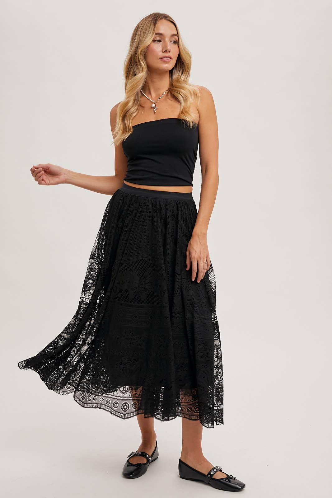 BOHO LACE MIDI SKIRT WITH LINING: Black - XAYUYUE