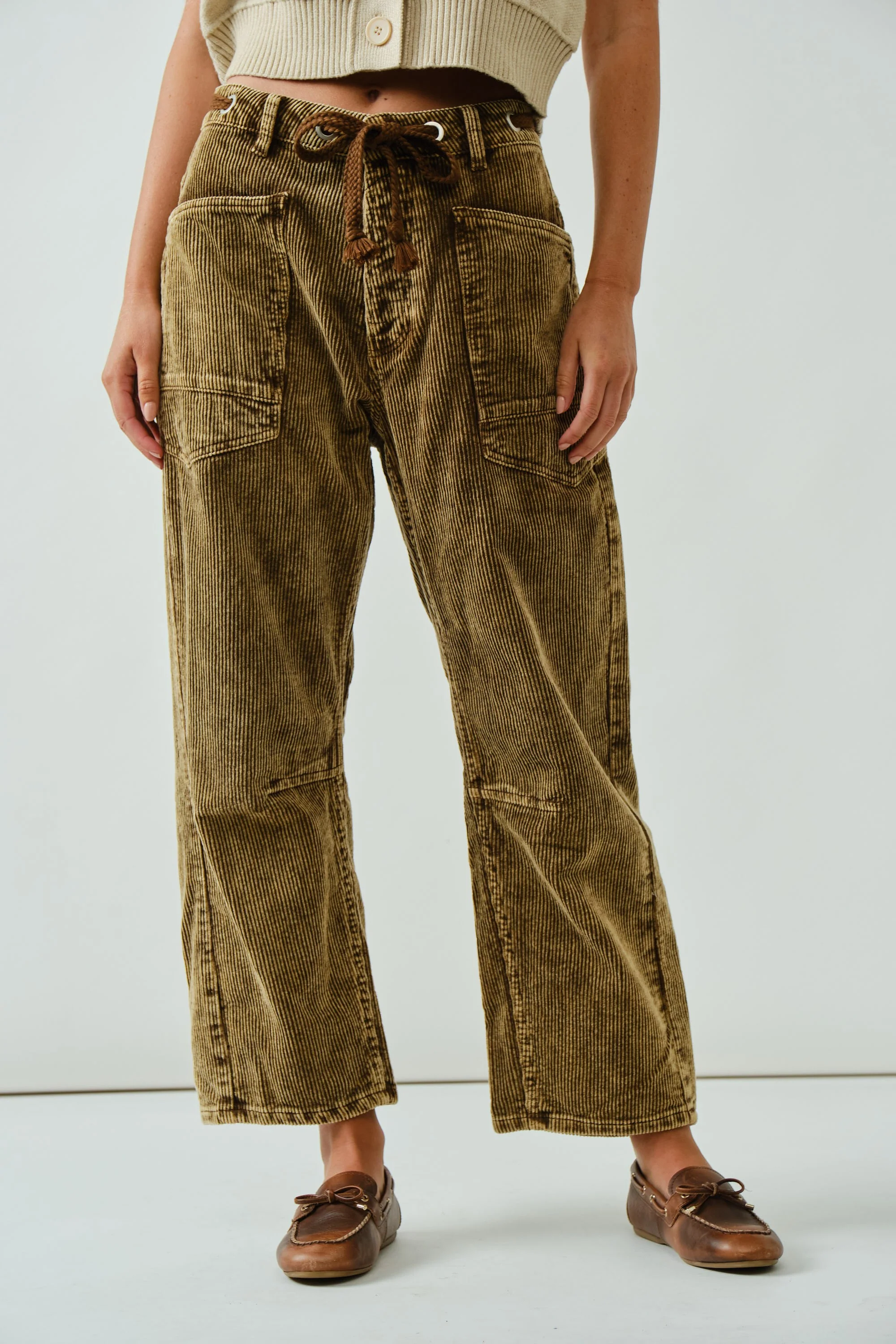 Barrel Corduroy Pants With Eyelet Waist - XAYUYUE