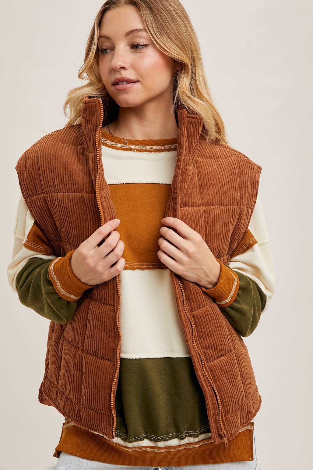 CORDUROY QUILTED PUFFER VEST: CAMEL / M - XAYUYUE