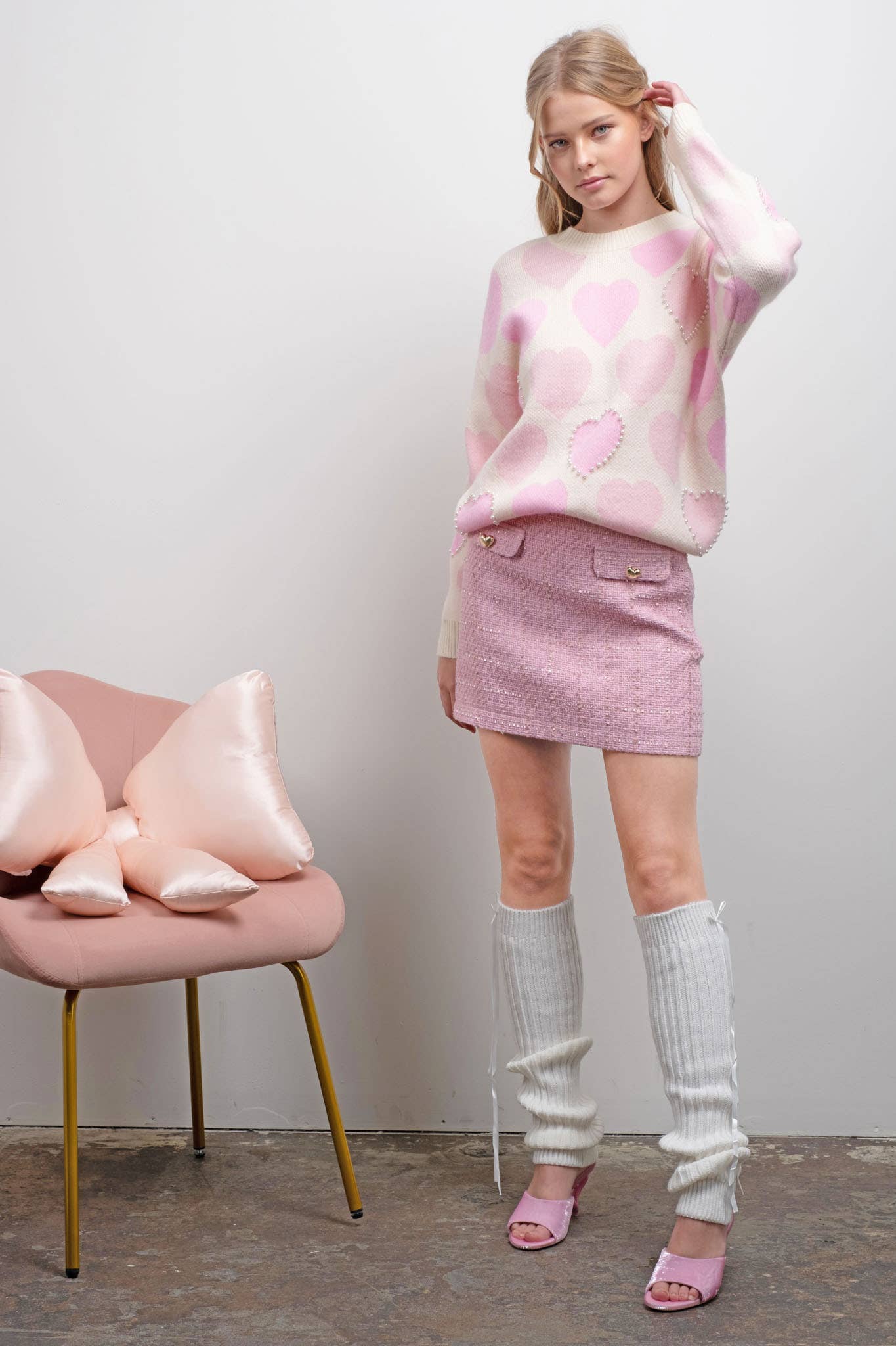 HEART PATTERN PEARL DETAIL KNIT SWEATER: IVORY - XAYUYUE