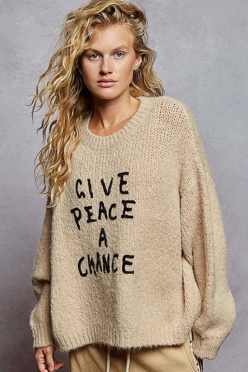 Give Peace A Chance Knit Sweater Top: OATMEAL - XAYUYUE