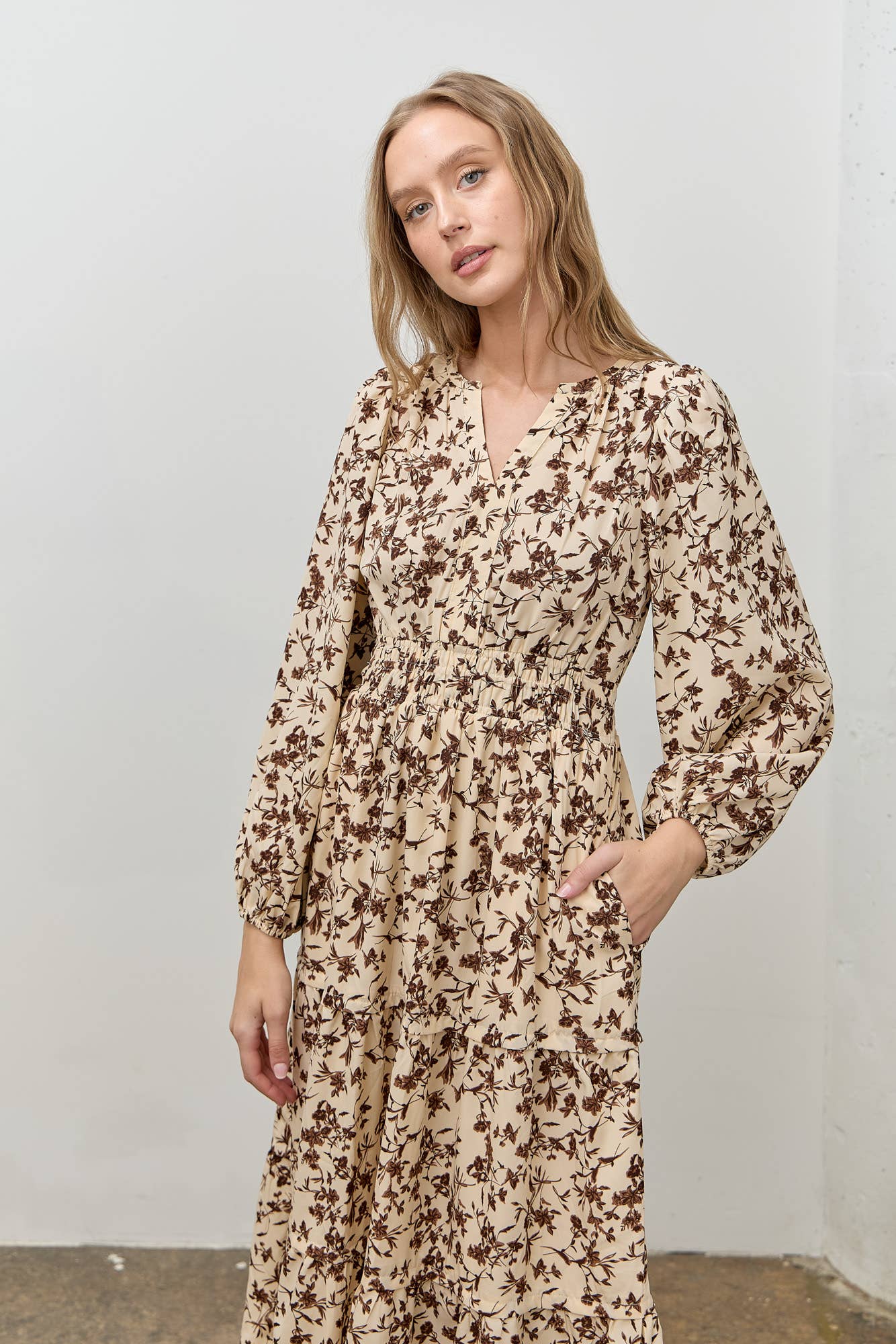 FLORAL PRINT LONG SLEEVE MIDI DRESS: CREAM MULTI - XAYUYUE