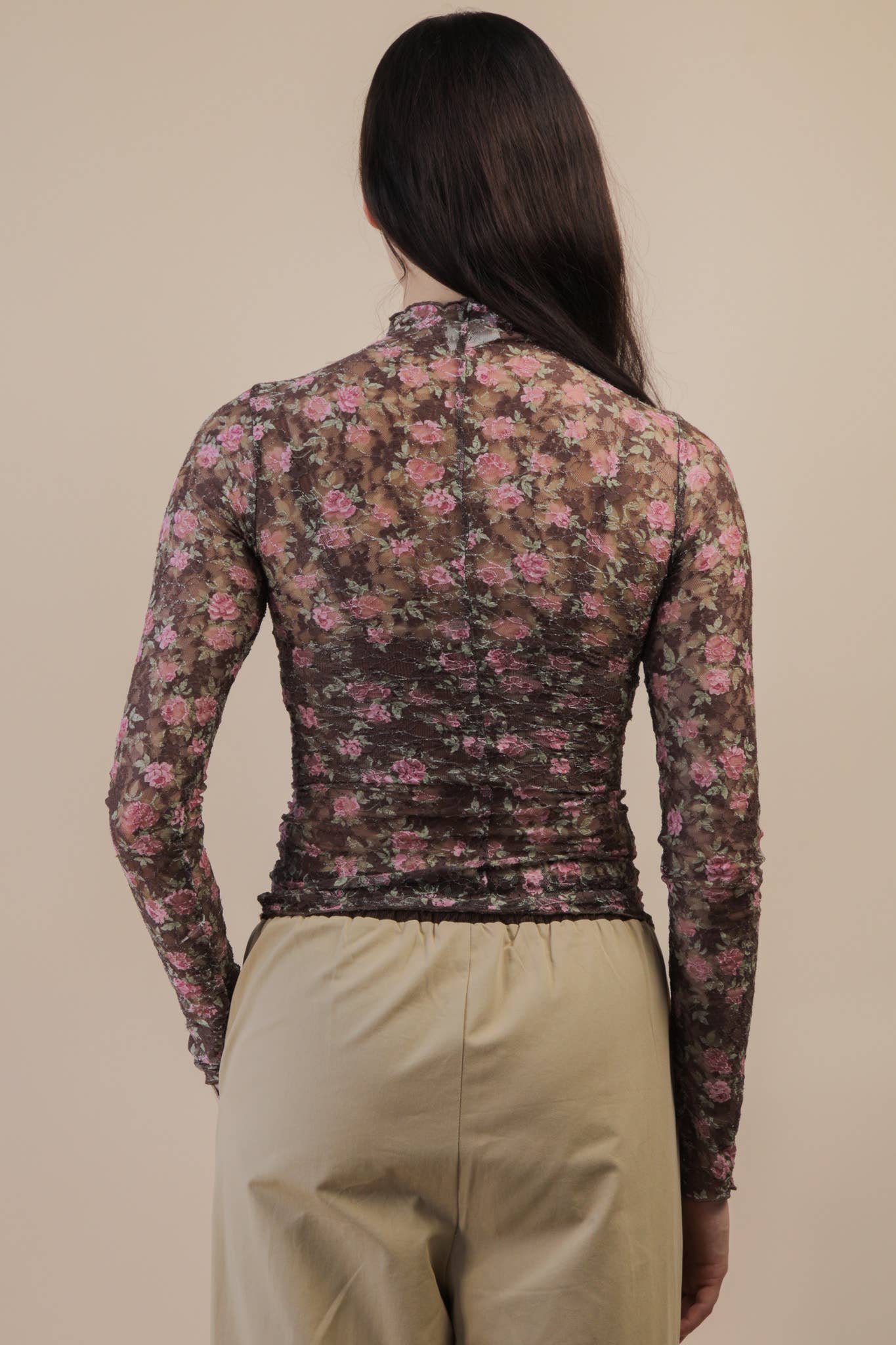 High Neck Fitted Sheer Mesh Lace Knit Top: CHOCOLATE FLORAL - XAYUYUE