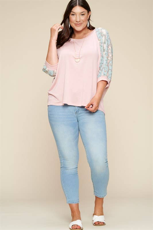 Plus Size Floral Paisley Sleeves Fashion Top: 3XL / Pink - XAYUYUE