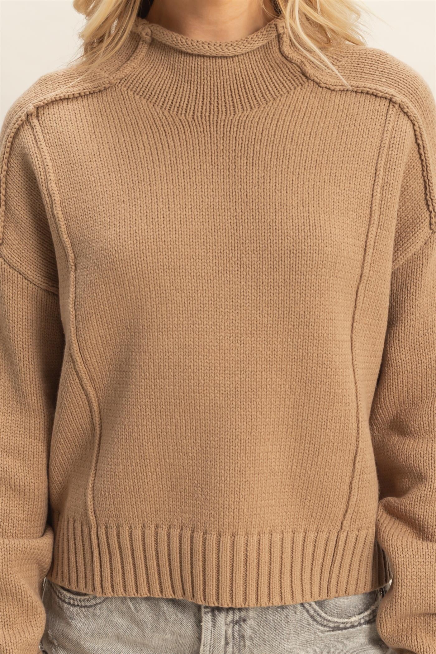 Mock Neck Ribbed Sweater - XAYUYUE