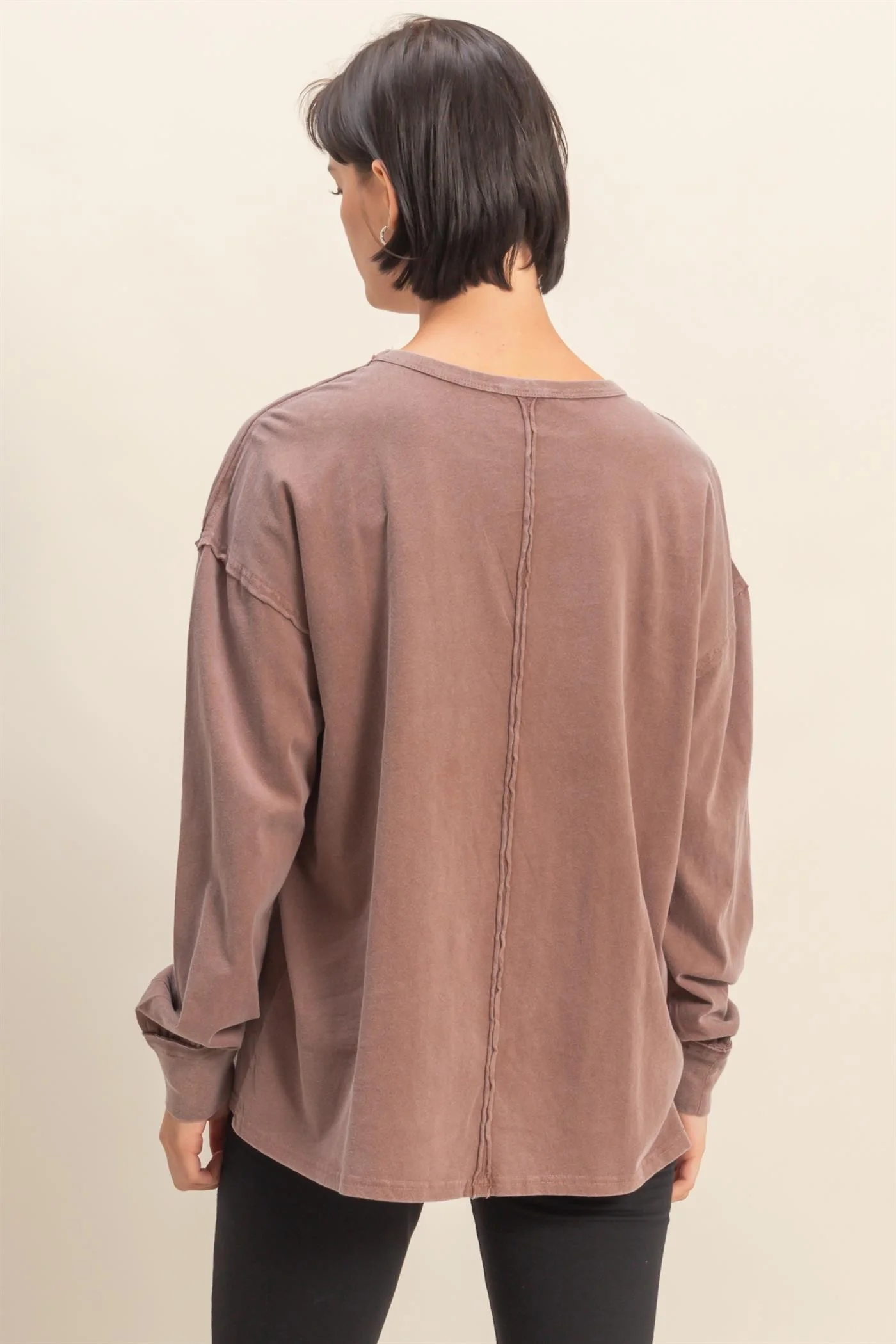 Oversized Washed Long Sleeve Pocket Tee - XAYUYUE