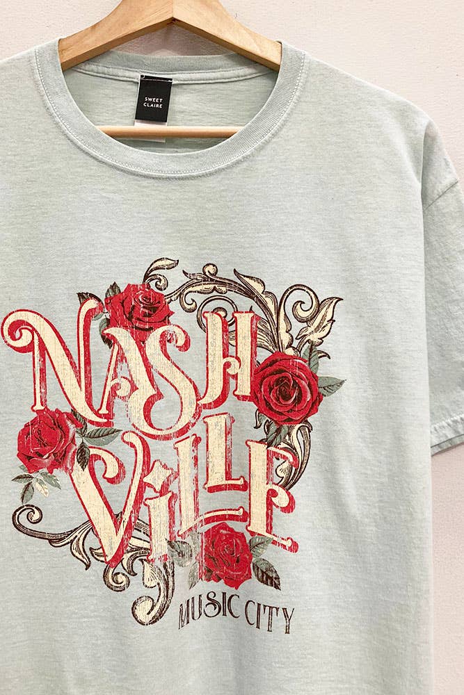 Nashville Roses Graphic Tee: LT. SAGE / OVERSIZED / SM - XAYUYUE