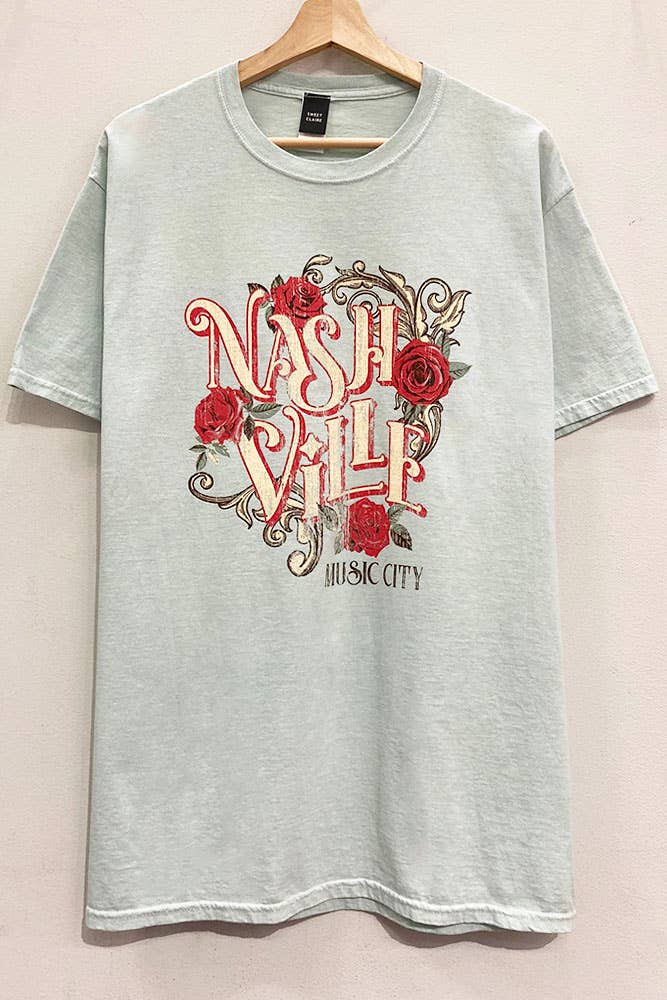Nashville Roses Graphic Tee: LT. SAGE / OVERSIZED / SM - XAYUYUE