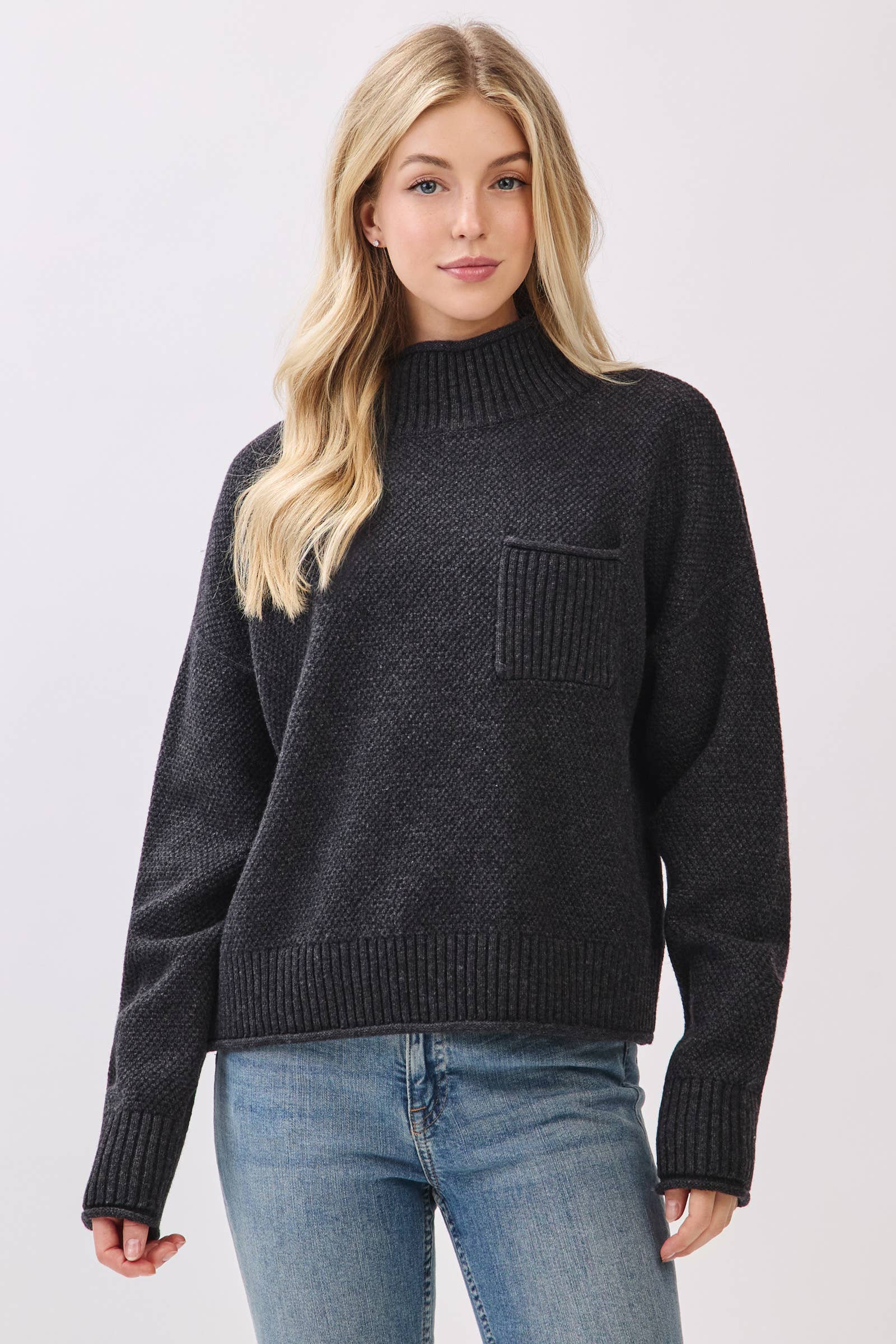 Mock Neck Long Sleeve Sweater Top: Charcoal - XAYUYUE