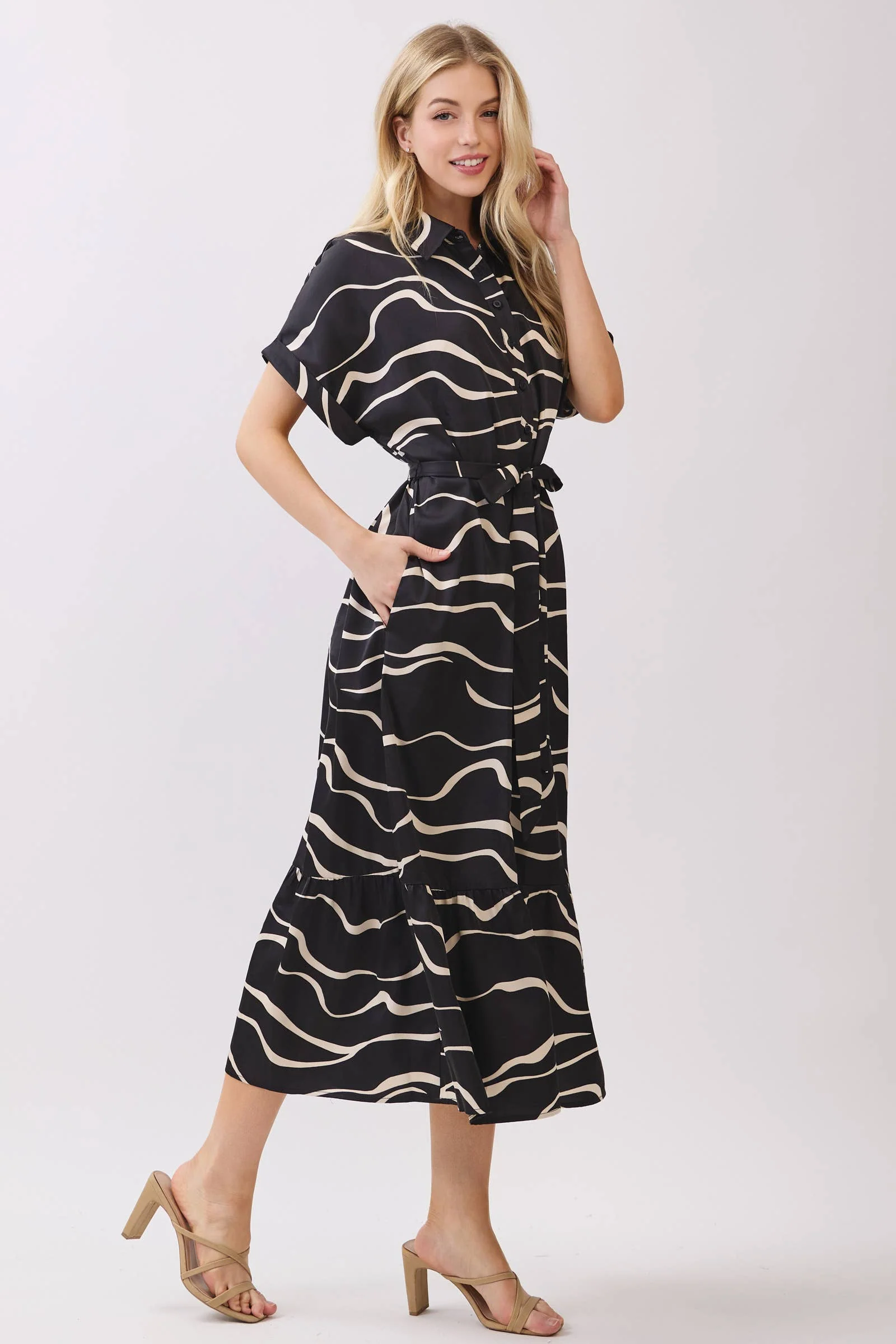 SATIN COLLARD BUTTON DOWN WAIST TIE MIDI DRESS: Black - XAYUYUE