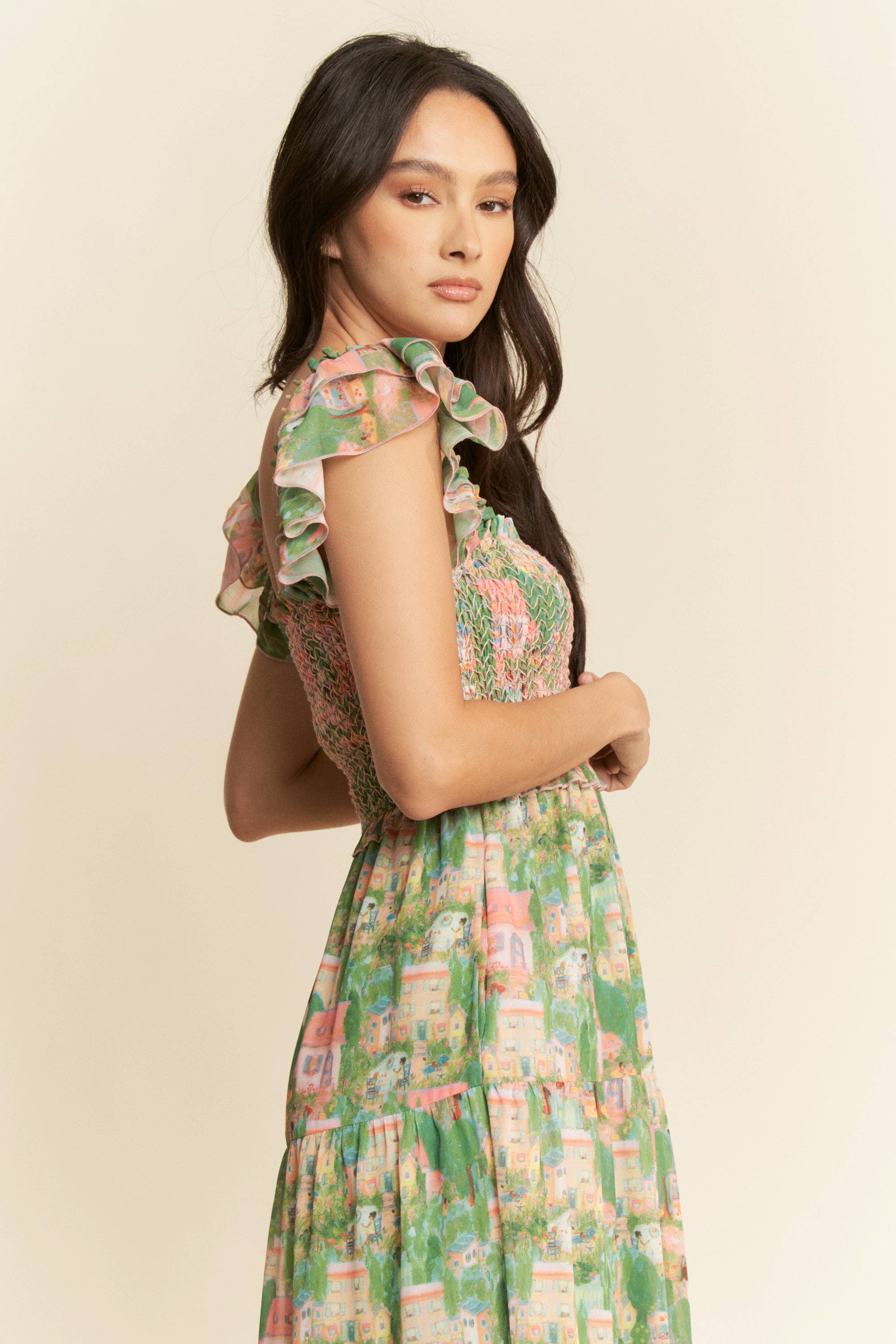 VILLAGE SMOCKING BODICE RUFFLE SLEEVE MAXI DRESS: Pink green / S - XAYUYUE