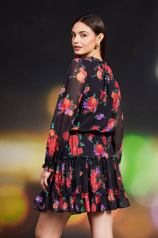 Floral Printed Ruffle Mini Dress: Black-Multi - XAYUYUE