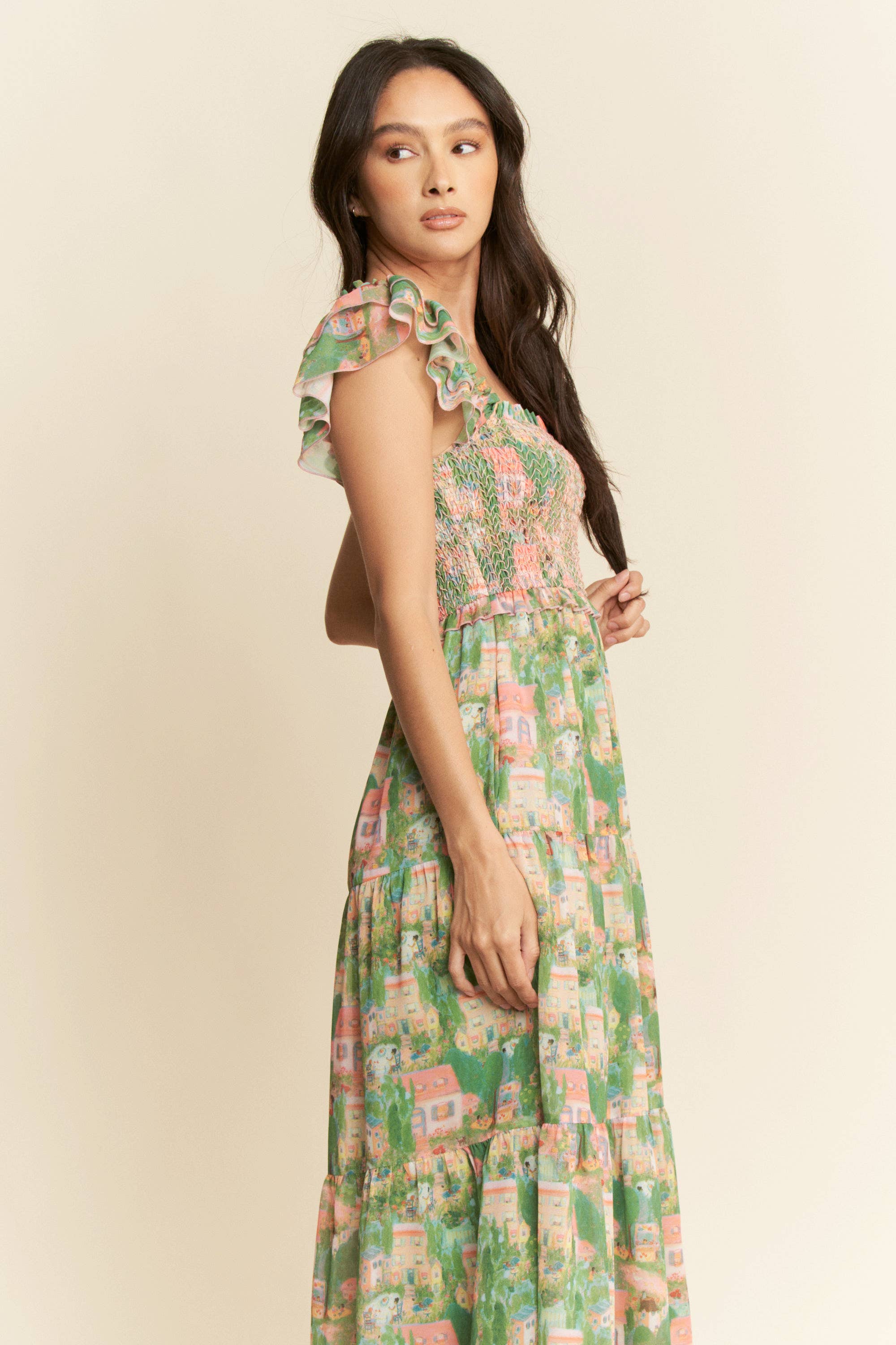 VILLAGE SMOCKING BODICE RUFFLE SLEEVE MAXI DRESS: Pink green / S - XAYUYUE