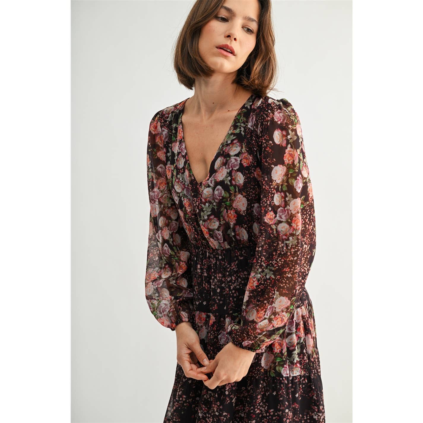 MIX FLOWER V NECK MIDI DRESS: Burgundy - XAYUYUE