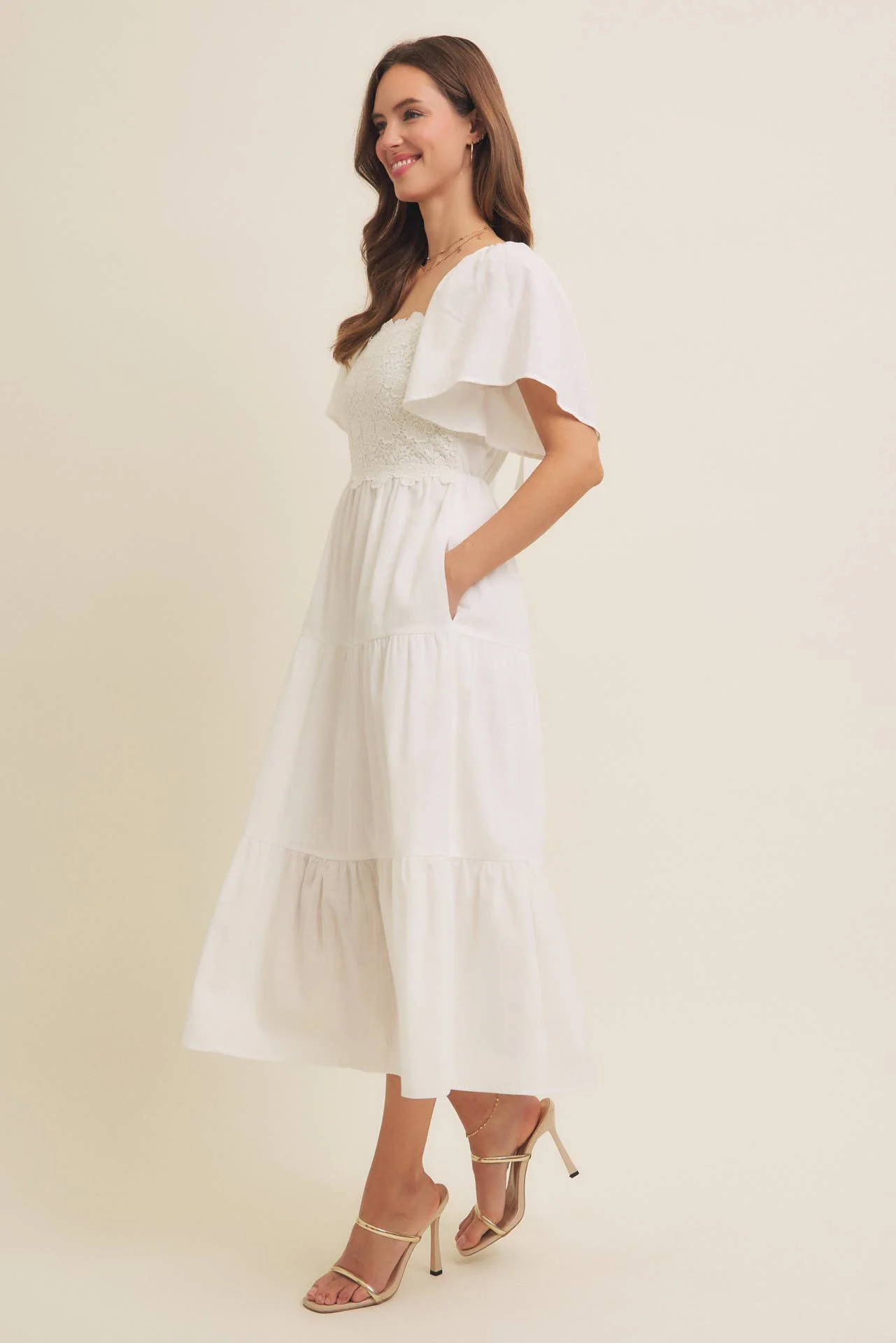 TIERED FLORAL CROCHET MIDI DRESS WITH FLUTTER SLVS: OFF WHITE / S - XAYUYUE