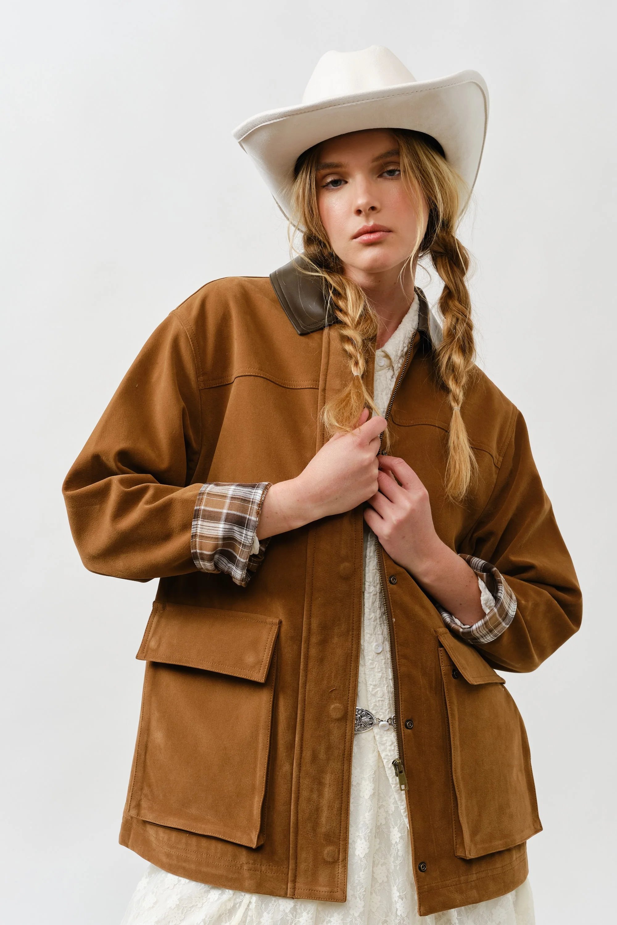 Suede Casual Jacket With Leather Collar - XAYUYUE