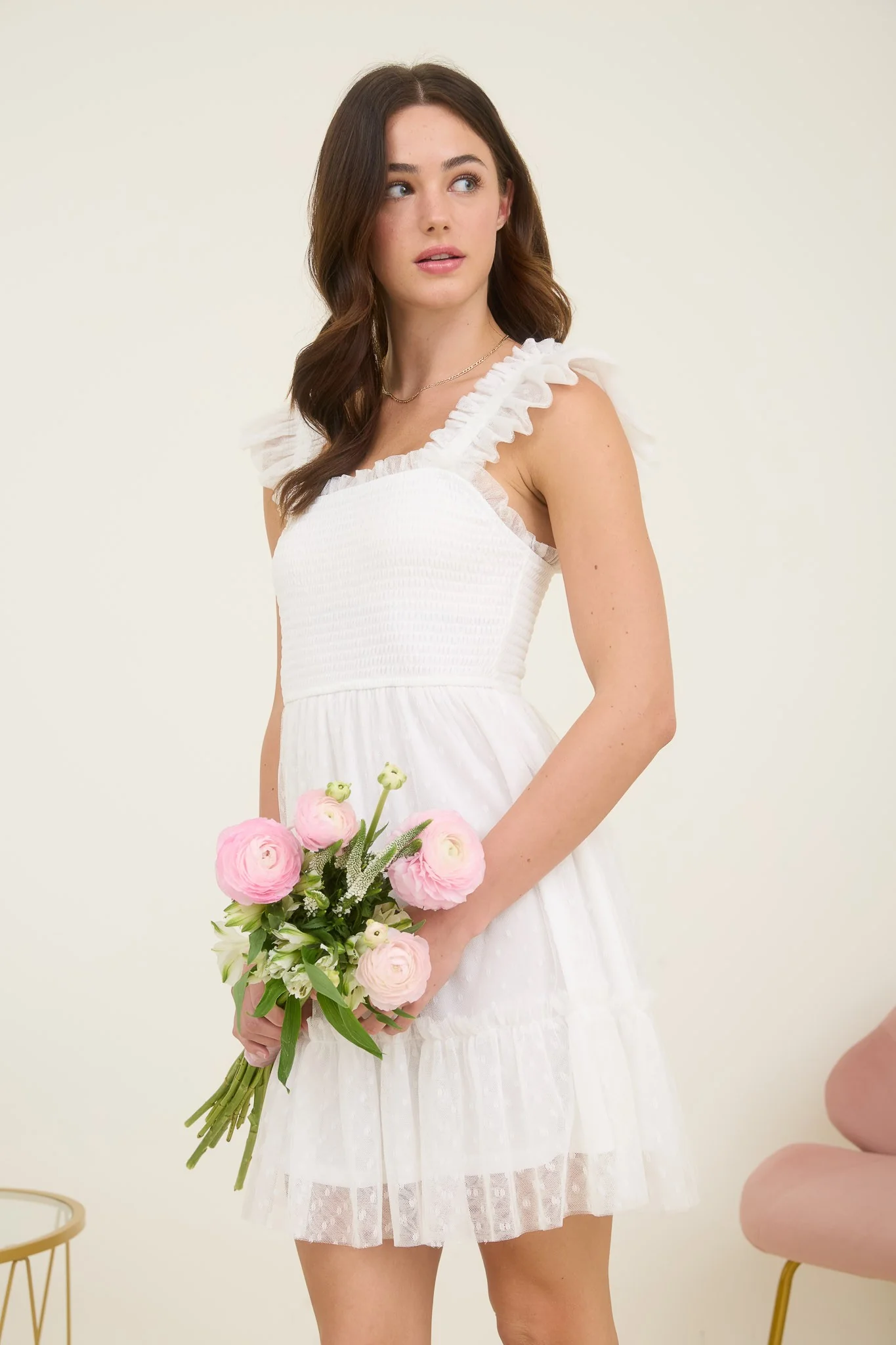 Polka Dot Chiffon Smocked Ruffle Detail Mini Dress - XAYUYUE