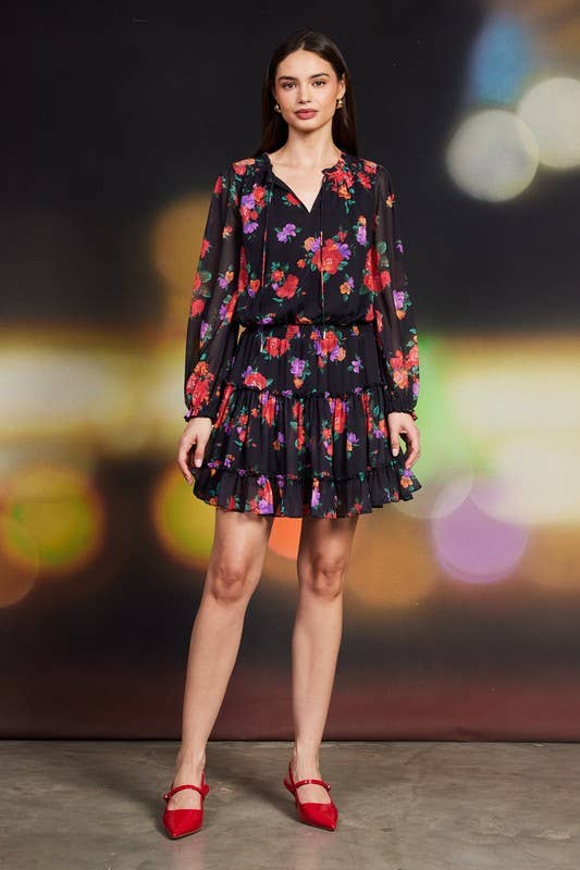 Floral Printed Ruffle Mini Dress: Black-Multi - XAYUYUE