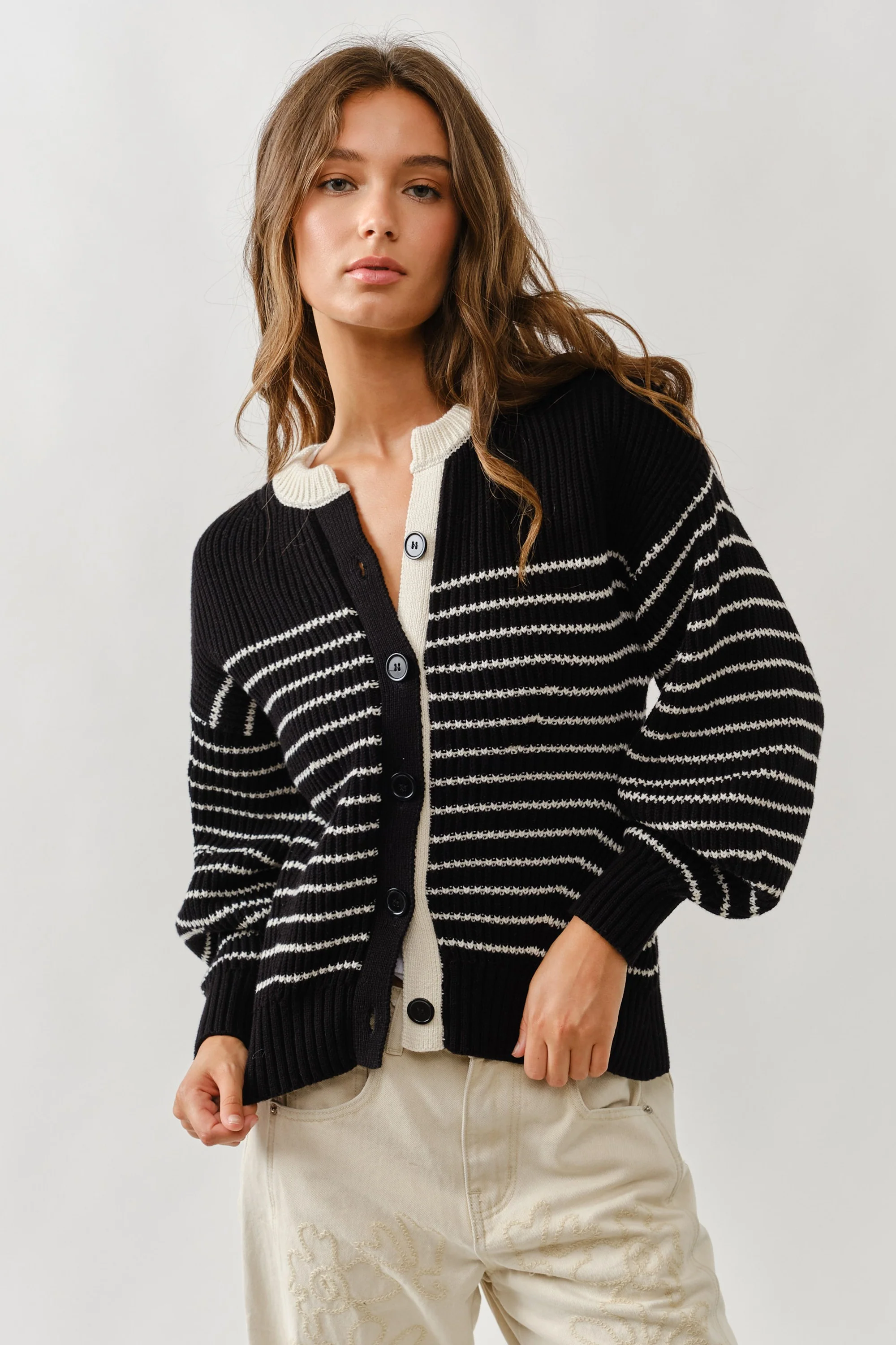 Voluminous Sleeve Stripe Cardigan - XAYUYUE