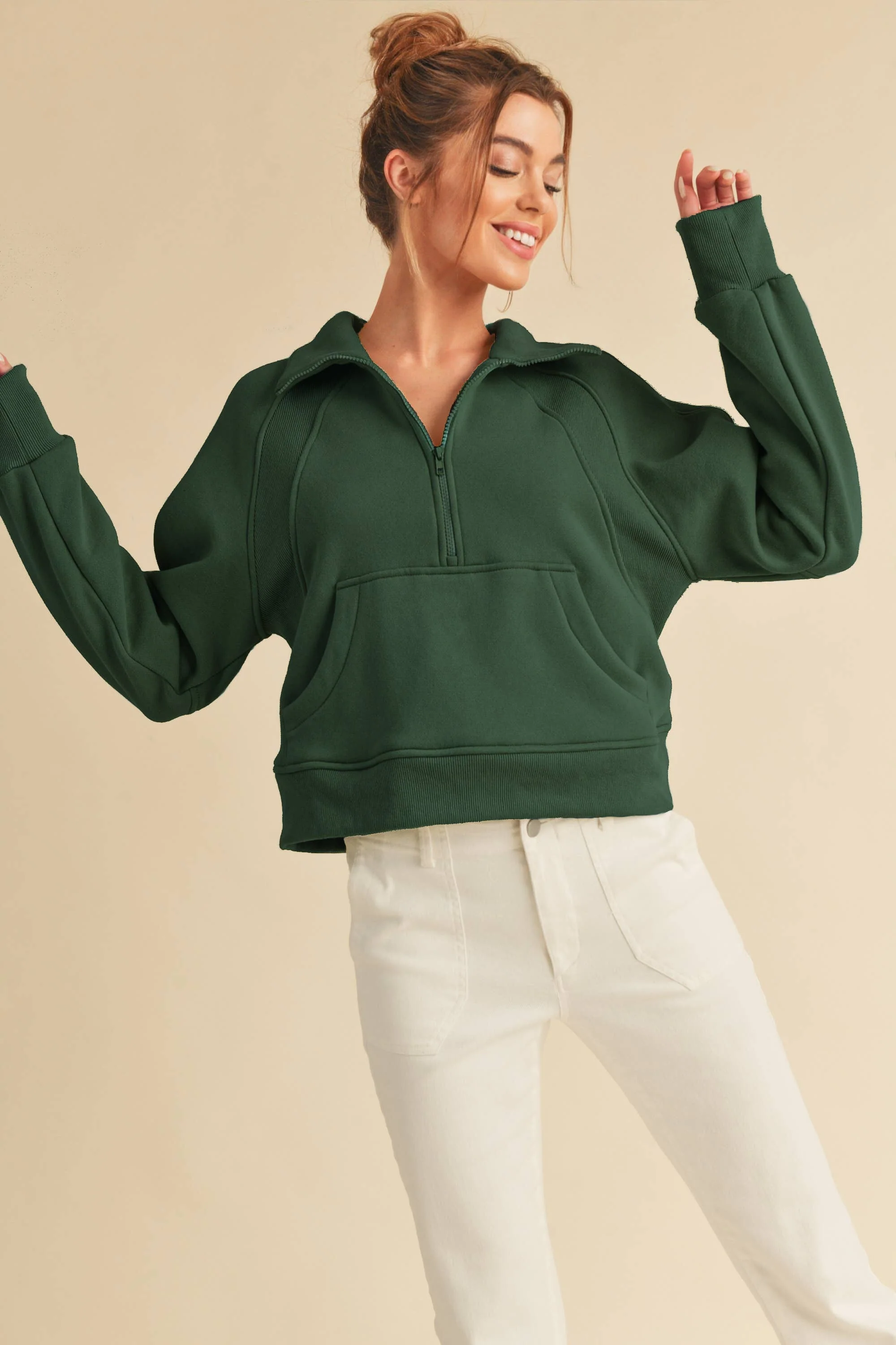 Dove Funnel Neck Half Zip: Forest - XAYUYUE
