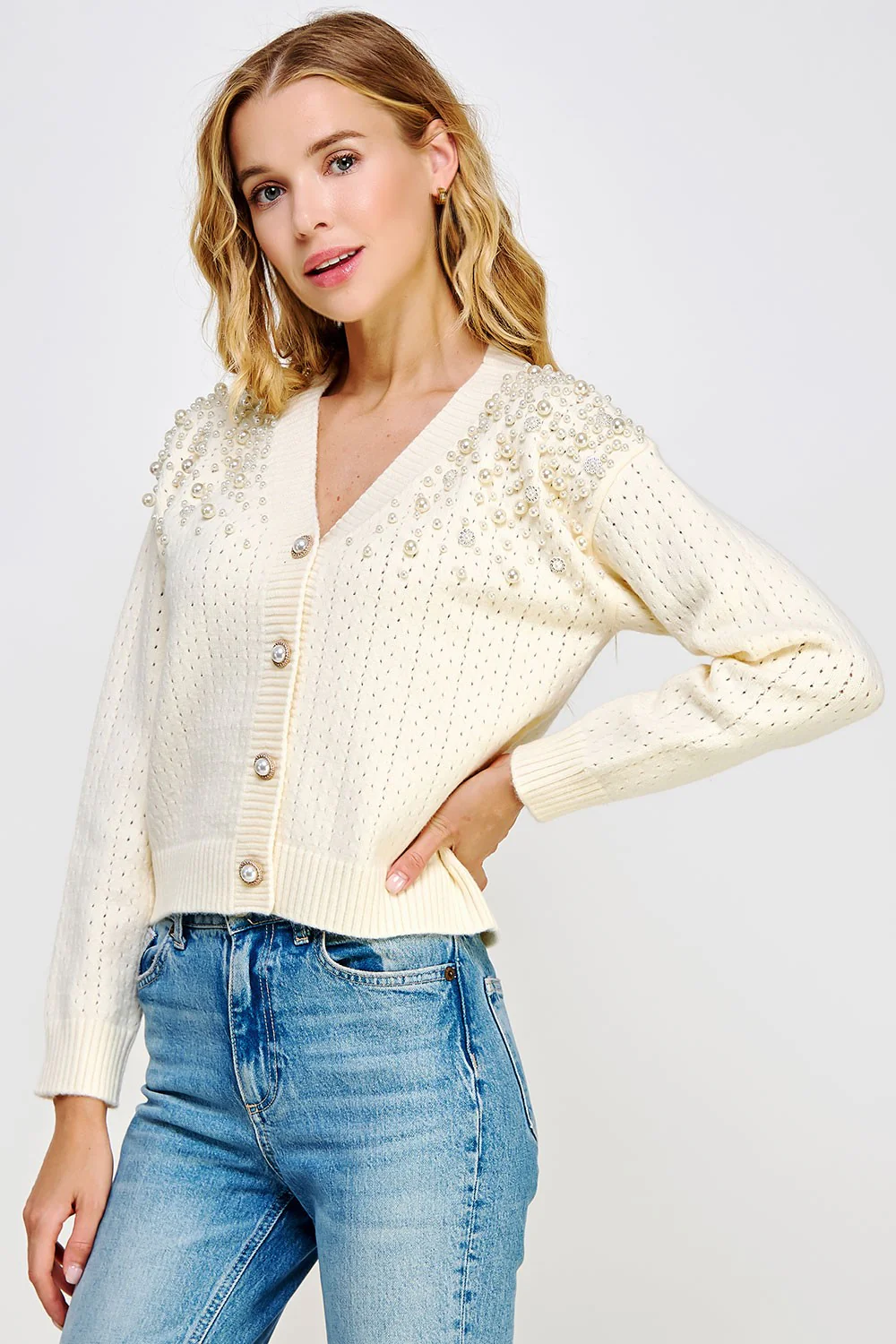 Pearl Studded Eyelet Knit Cardigan Sweater - XAYUYUE