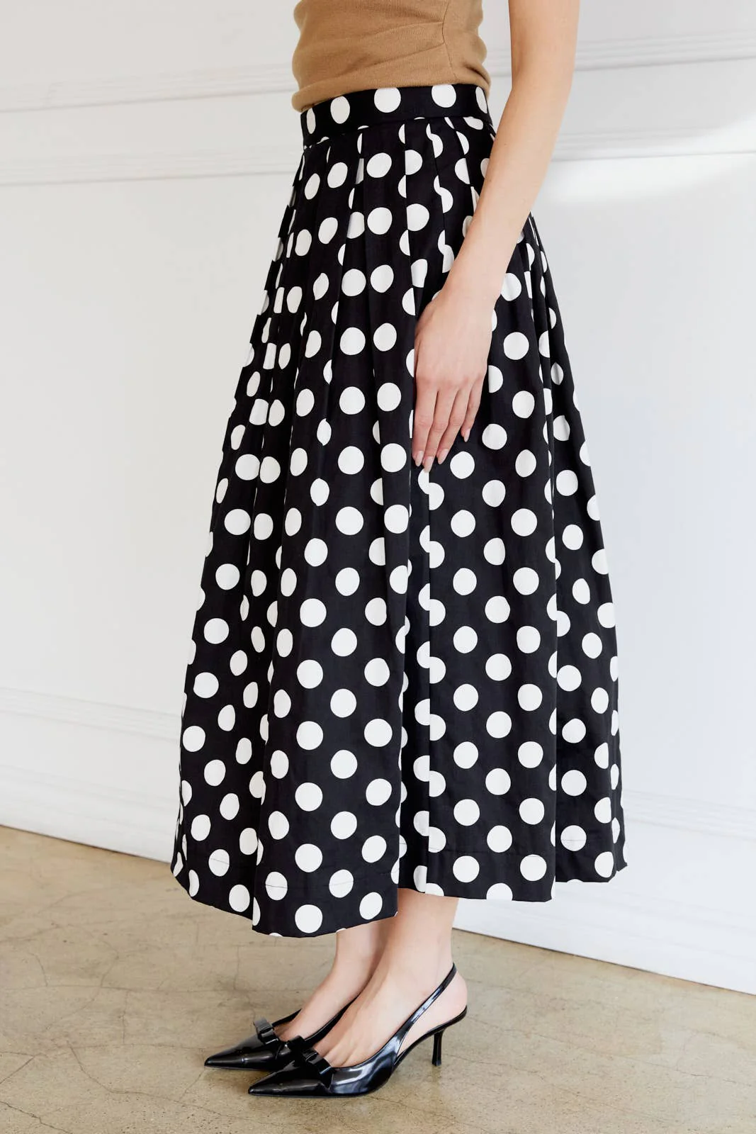POLK DOT PLEATED CIRCLE MIDI SKIRT: BLACK-WHITE DOT / S - XAYUYUE