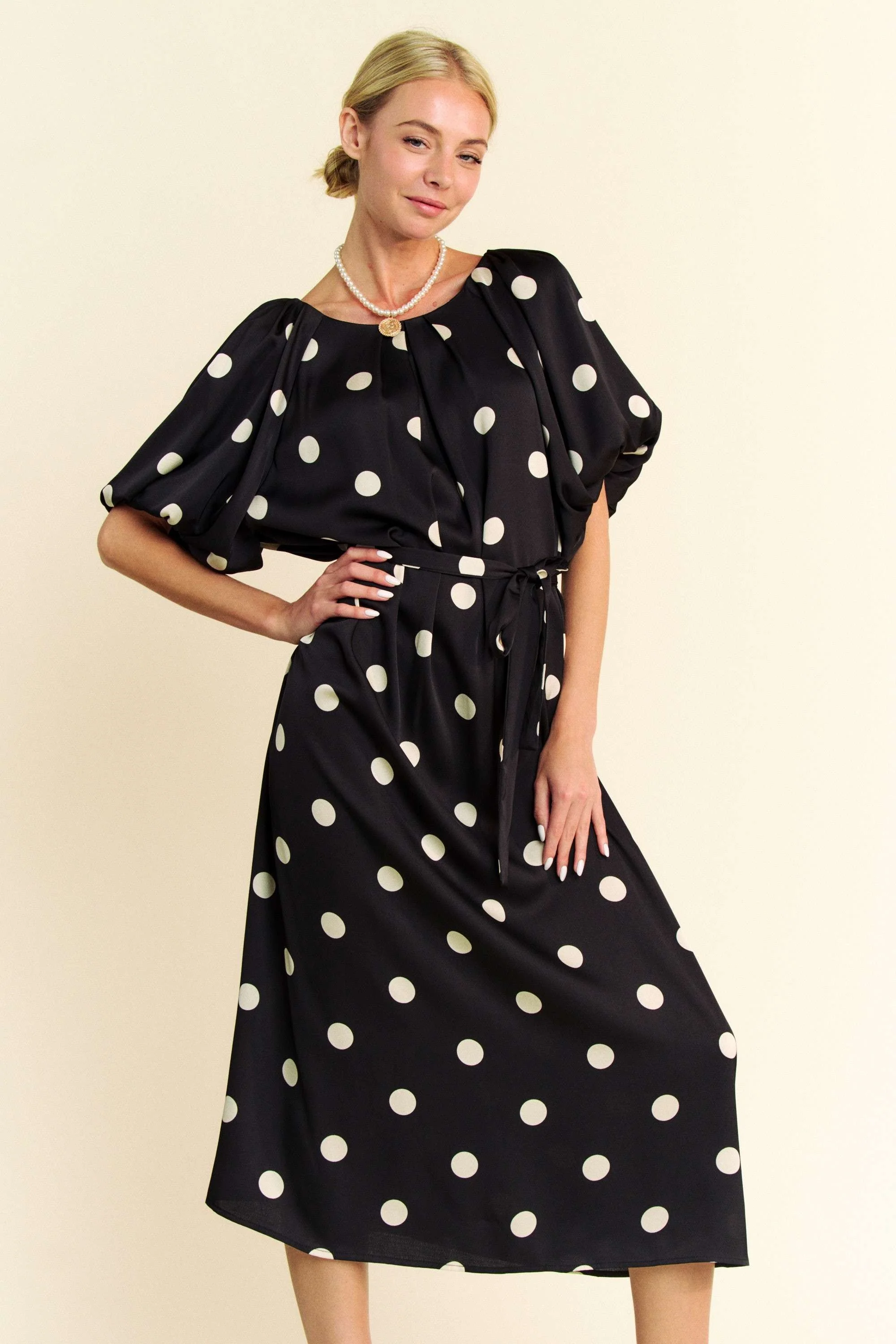 Polka Dot Puff Sleeves Waist Tie Midi Dress - XAYUYUE