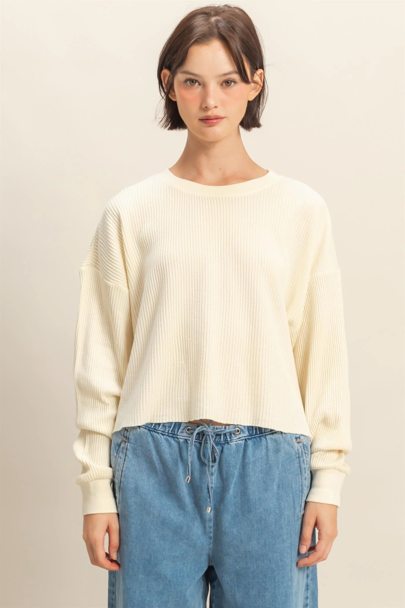 Mineral Washed Waffle Long Sleeve Top - XAYUYUE