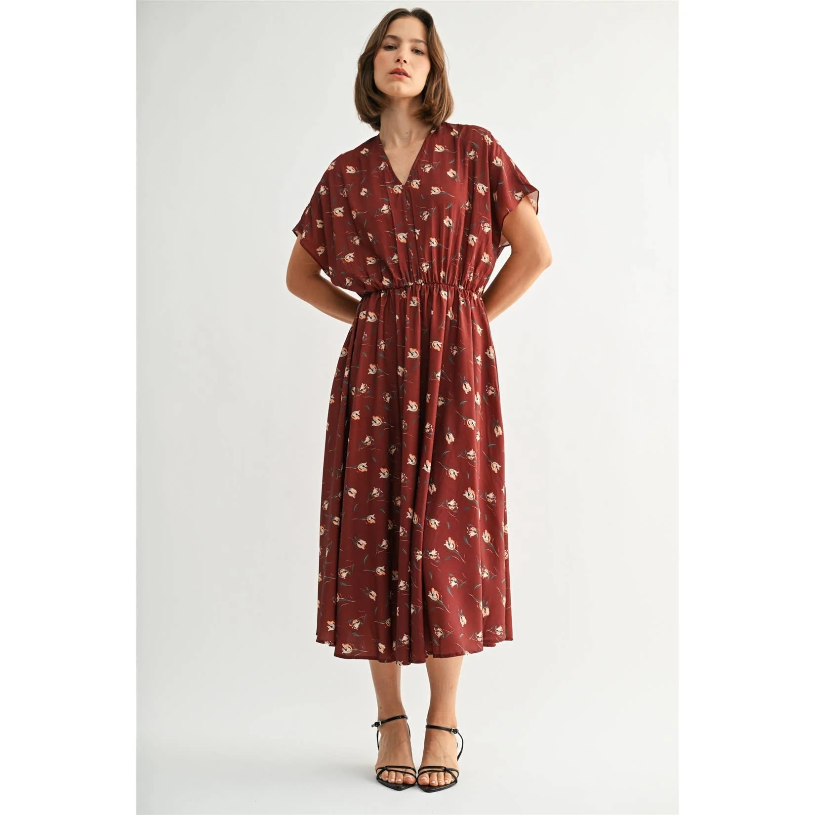 FLOWER PRINTED CRINKLE SATIN DRESS: Rust - XAYUYUE