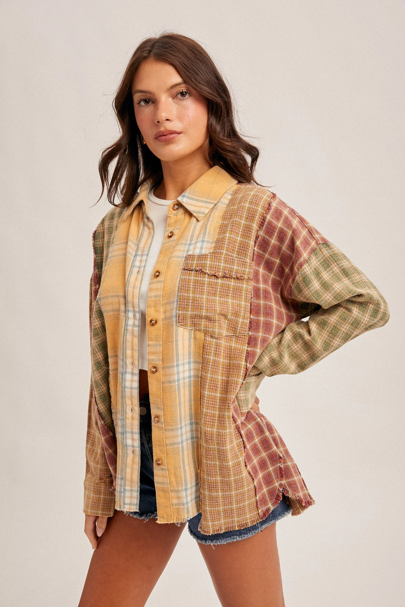 Mix Plaid Oversized Snow Wash Button Down Shirt - XAYUYUE