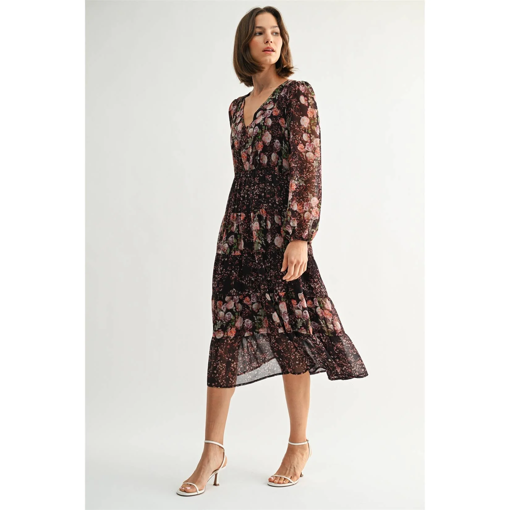 MIX FLOWER V NECK MIDI DRESS: Burgundy - XAYUYUE