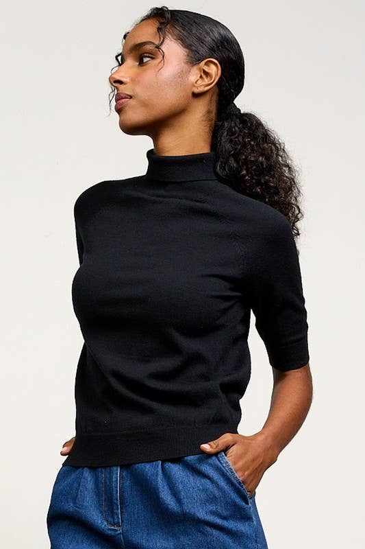 Mock Neck Half Sleeve Knit Top: Black - XAYUYUE