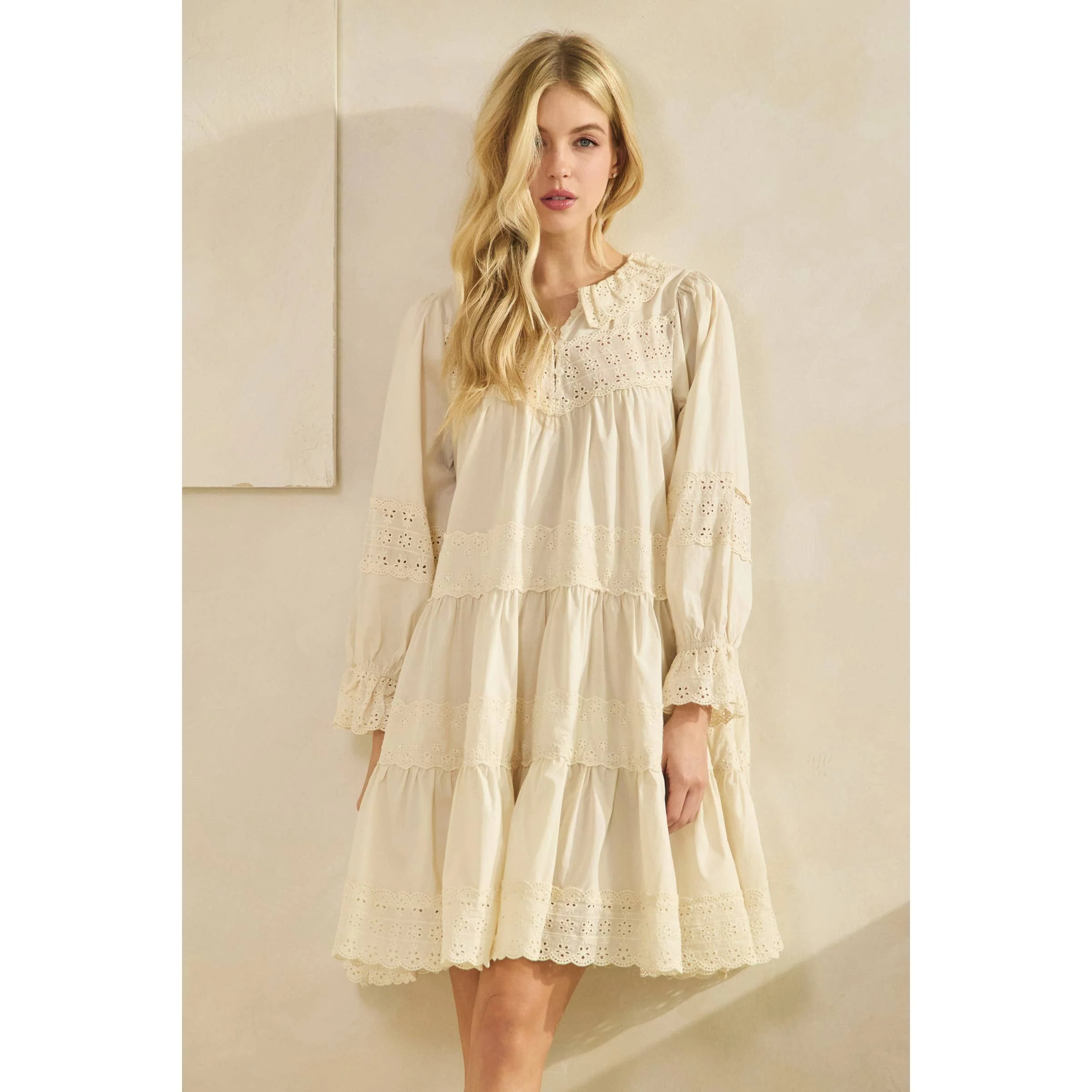 Eyelet Lace Tiered Babydoll Dress - XAYUYUE