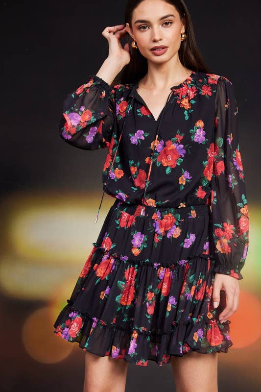 Floral Printed Ruffle Mini Dress: Black-Multi - XAYUYUE