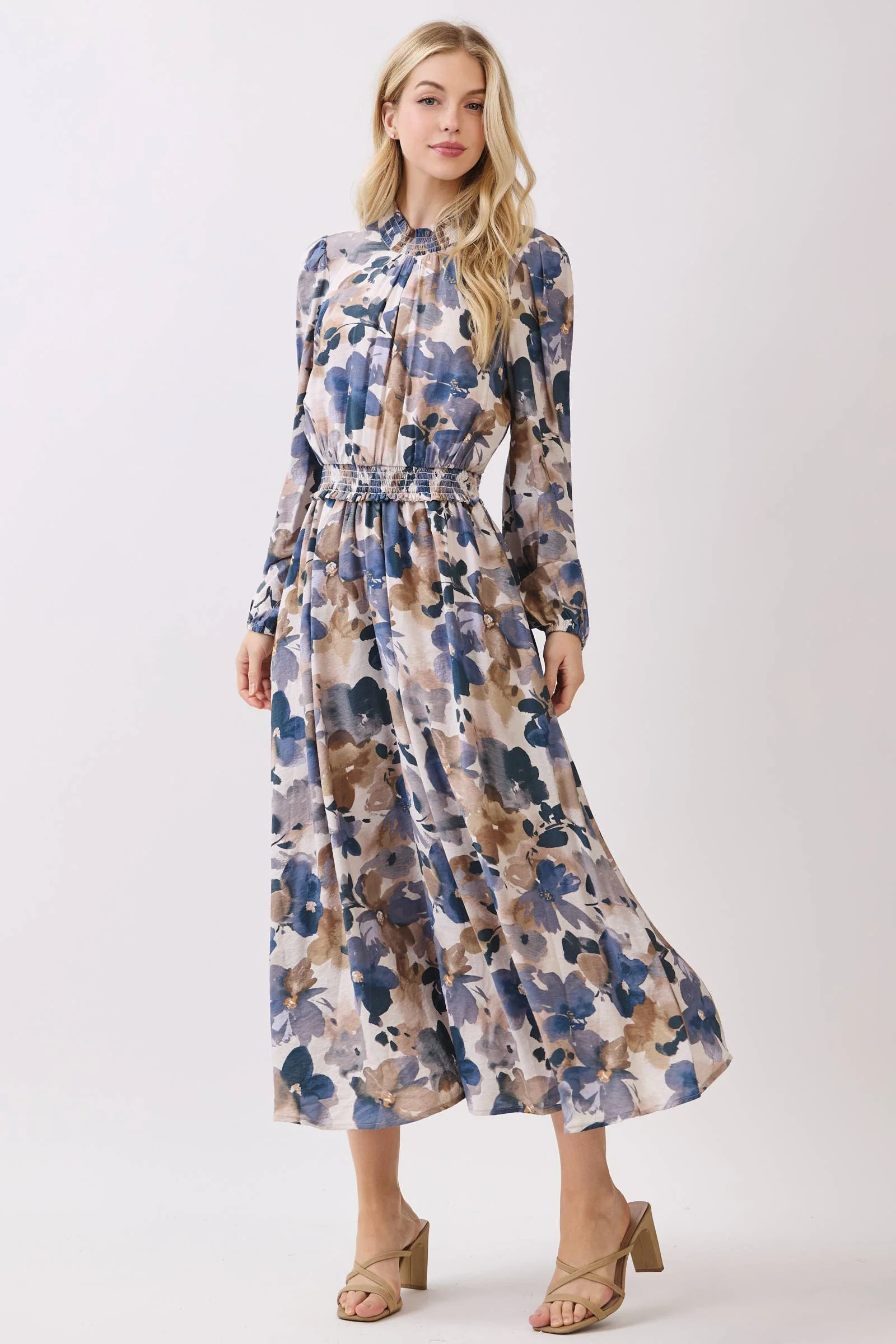 SMOCK NECK & WAIST RUFFLE MAXI FRONT SLIT DRESS: PURPLE BLUE - XAYUYUE