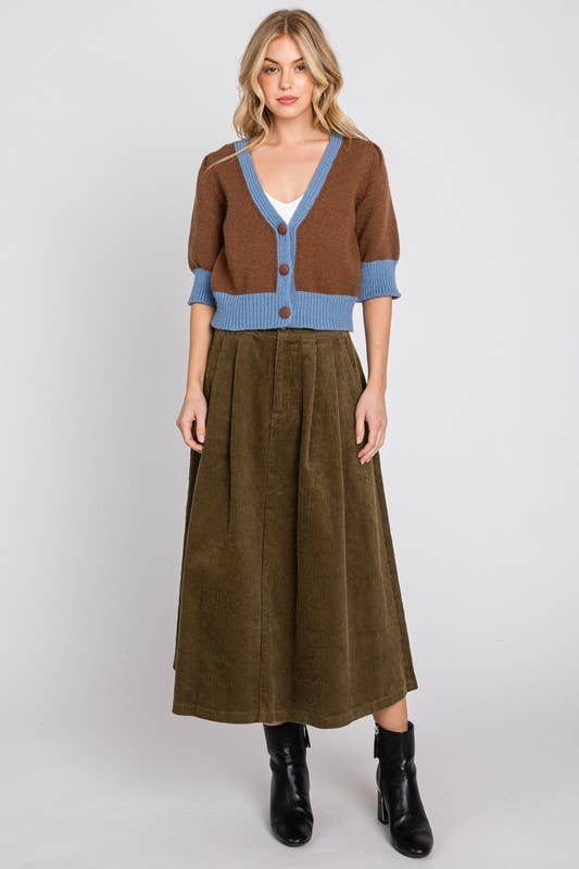 SOLID CORDUROY MIDI SKIRT W/ PLEATED DETAILS: OLIVE - XAYUYUE