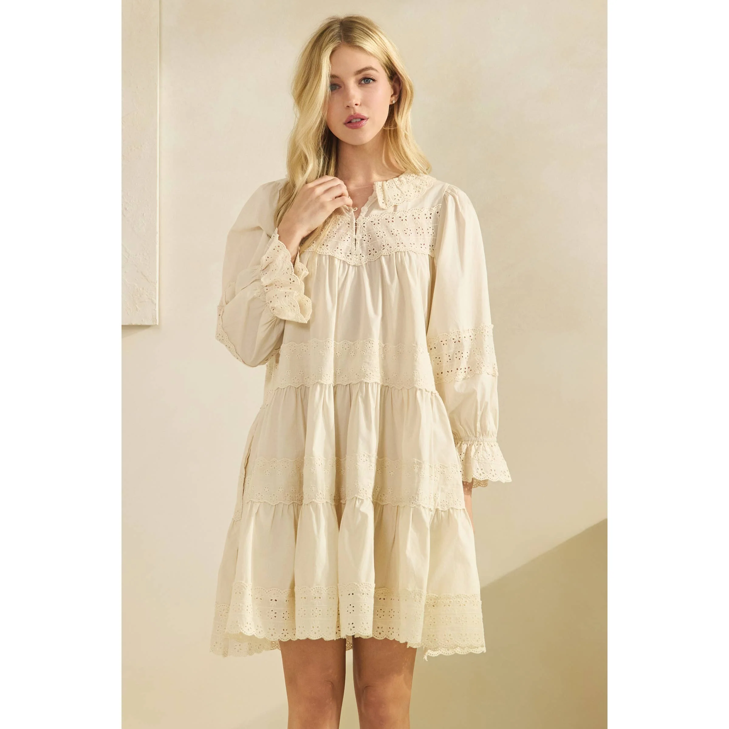Eyelet Lace Tiered Babydoll Dress - XAYUYUE