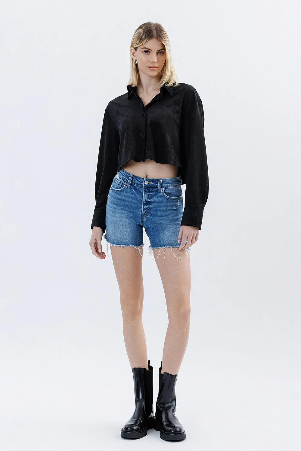 High Rise Raw Hem Denim Shorts - XAYUYUE