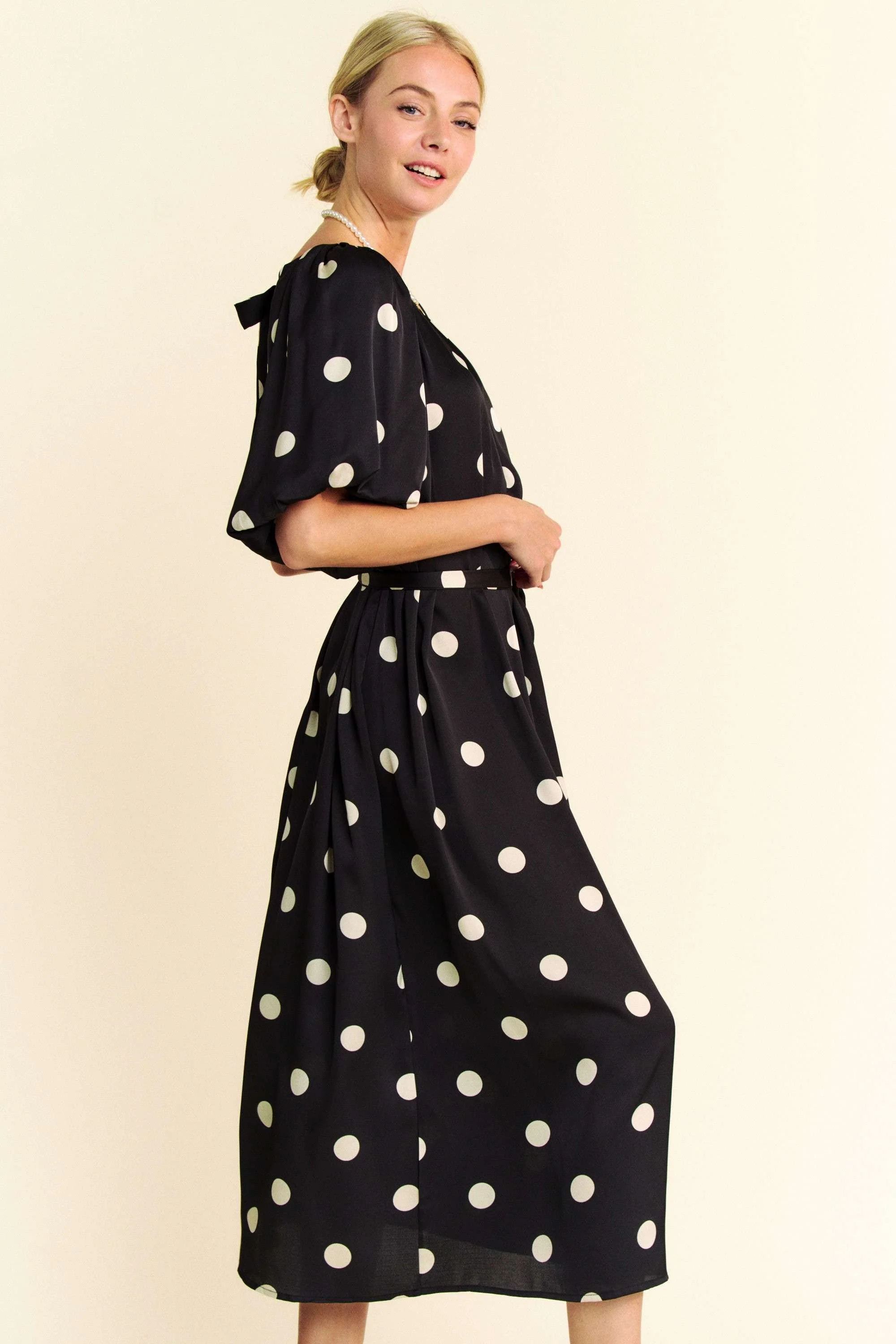 Polka Dot Puff Sleeves Waist Tie Midi Dress - XAYUYUE