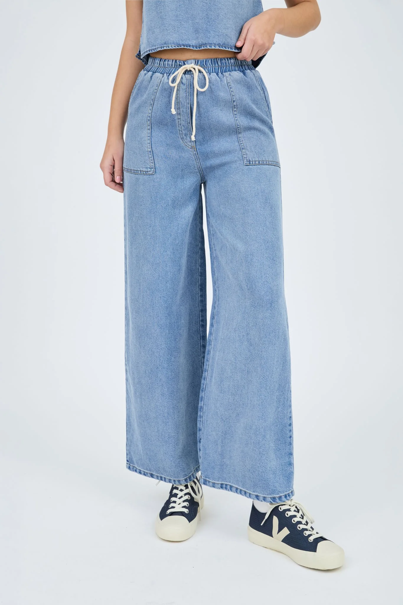 High Waist Drawstring Chambray Pants - XAYUYUE