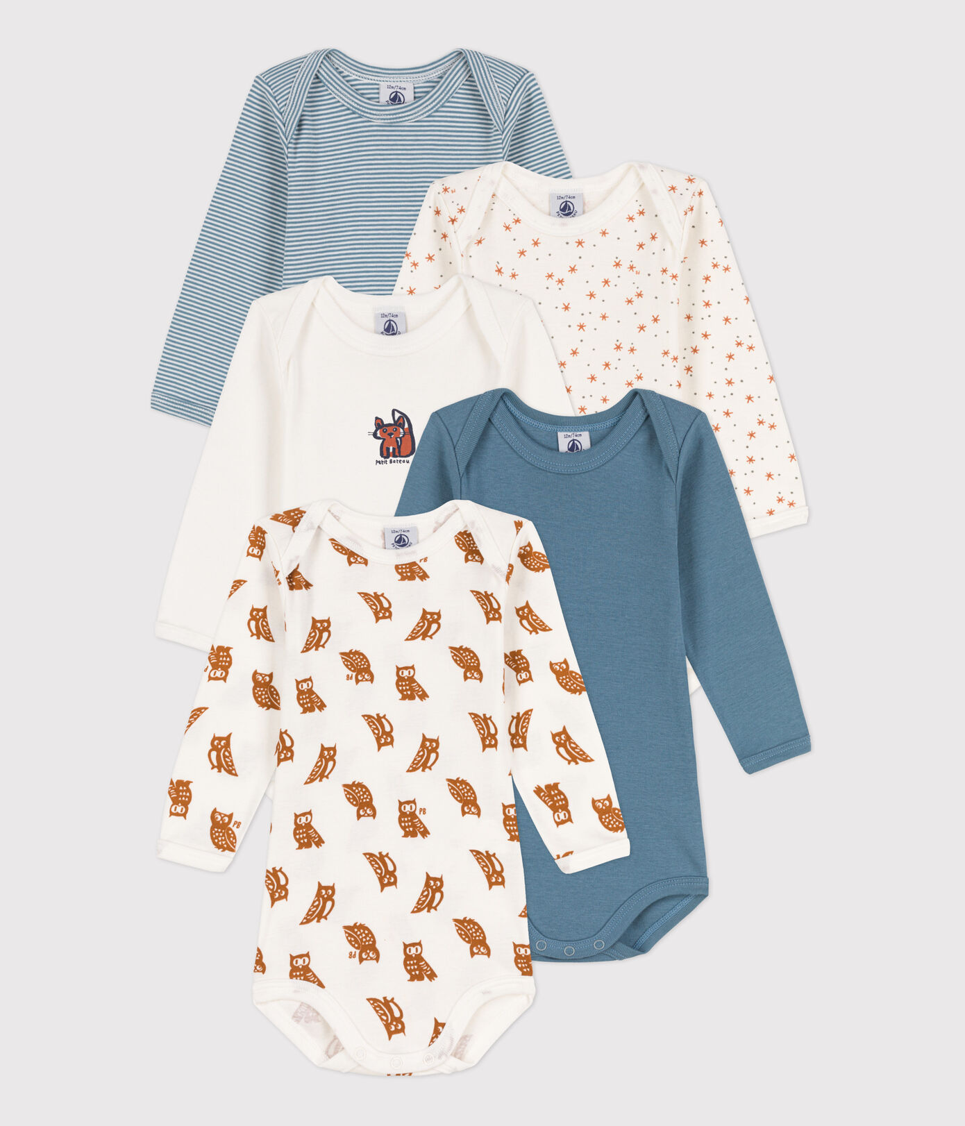 Lot de 5 bodies manches longues hiboux bébé en coton