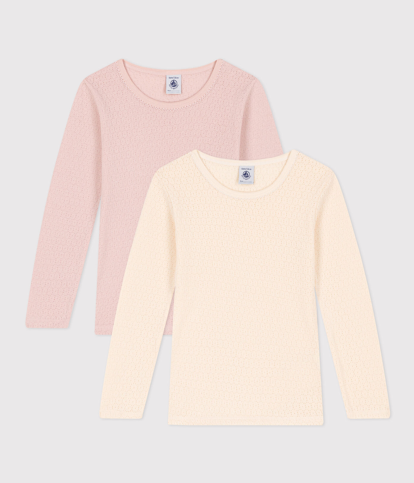 Lot de 2 tee shirts manches longues en coton ajouré petite fille
