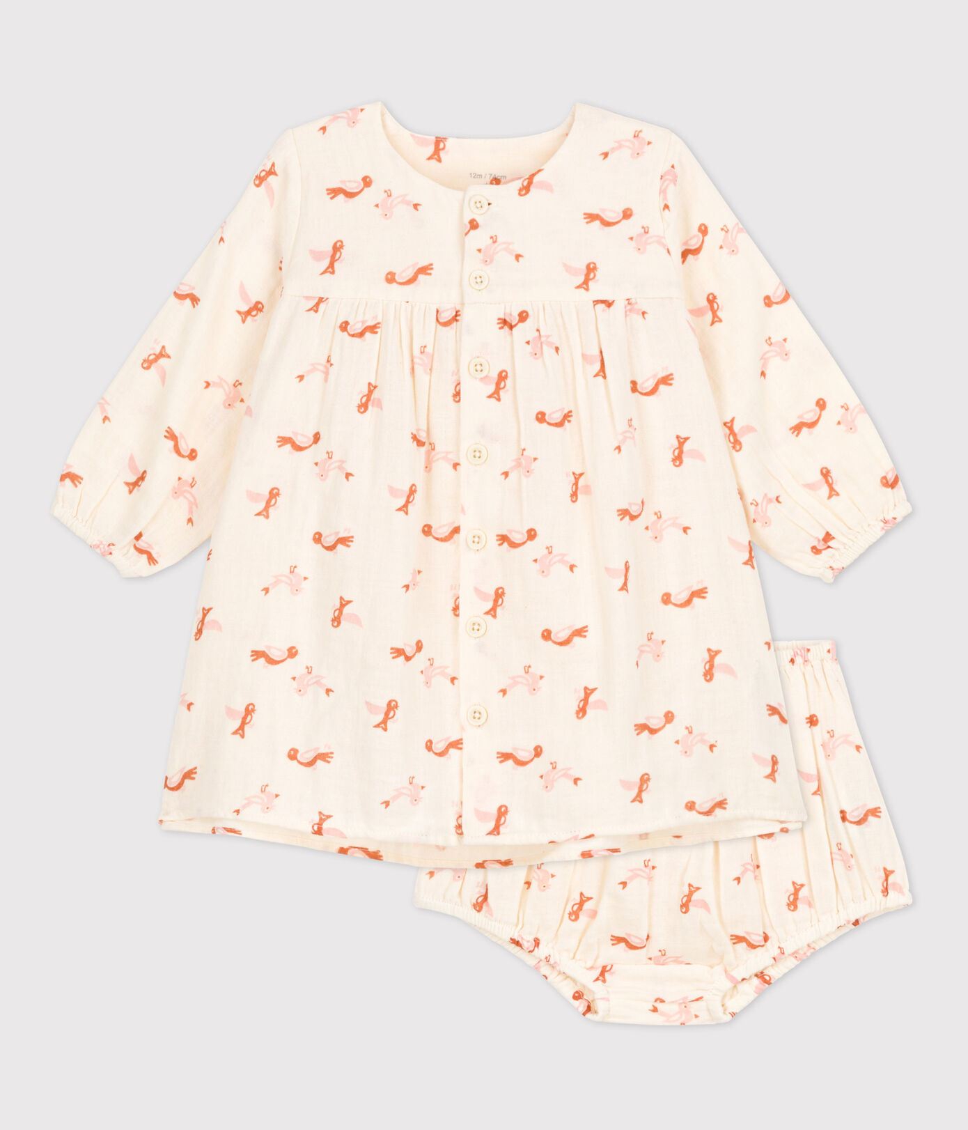 Robe et bloomer bébé imprimés oiseaux en gaze de coton
