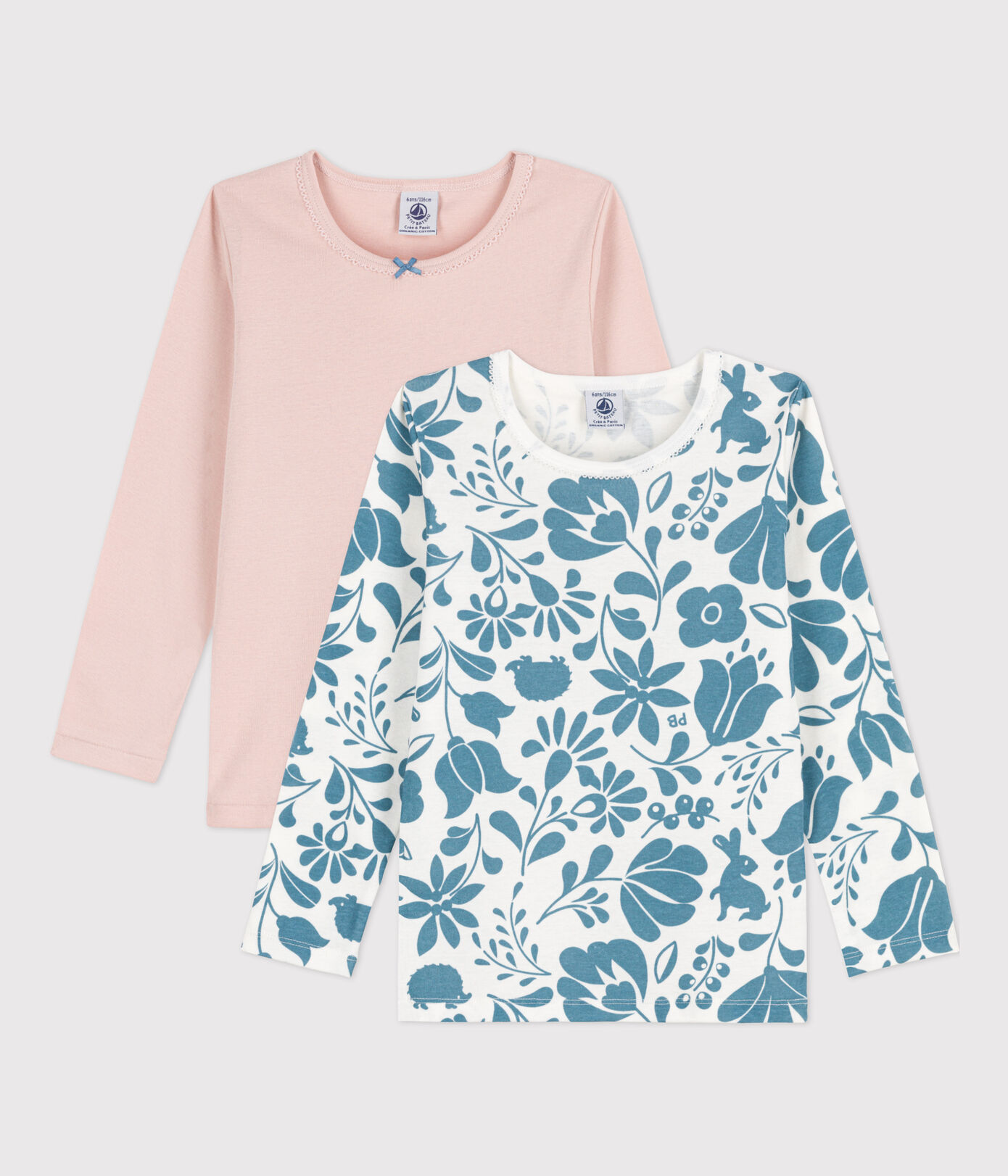 Lot de 2 tee-shirts manches longues fleur petite fille en coton