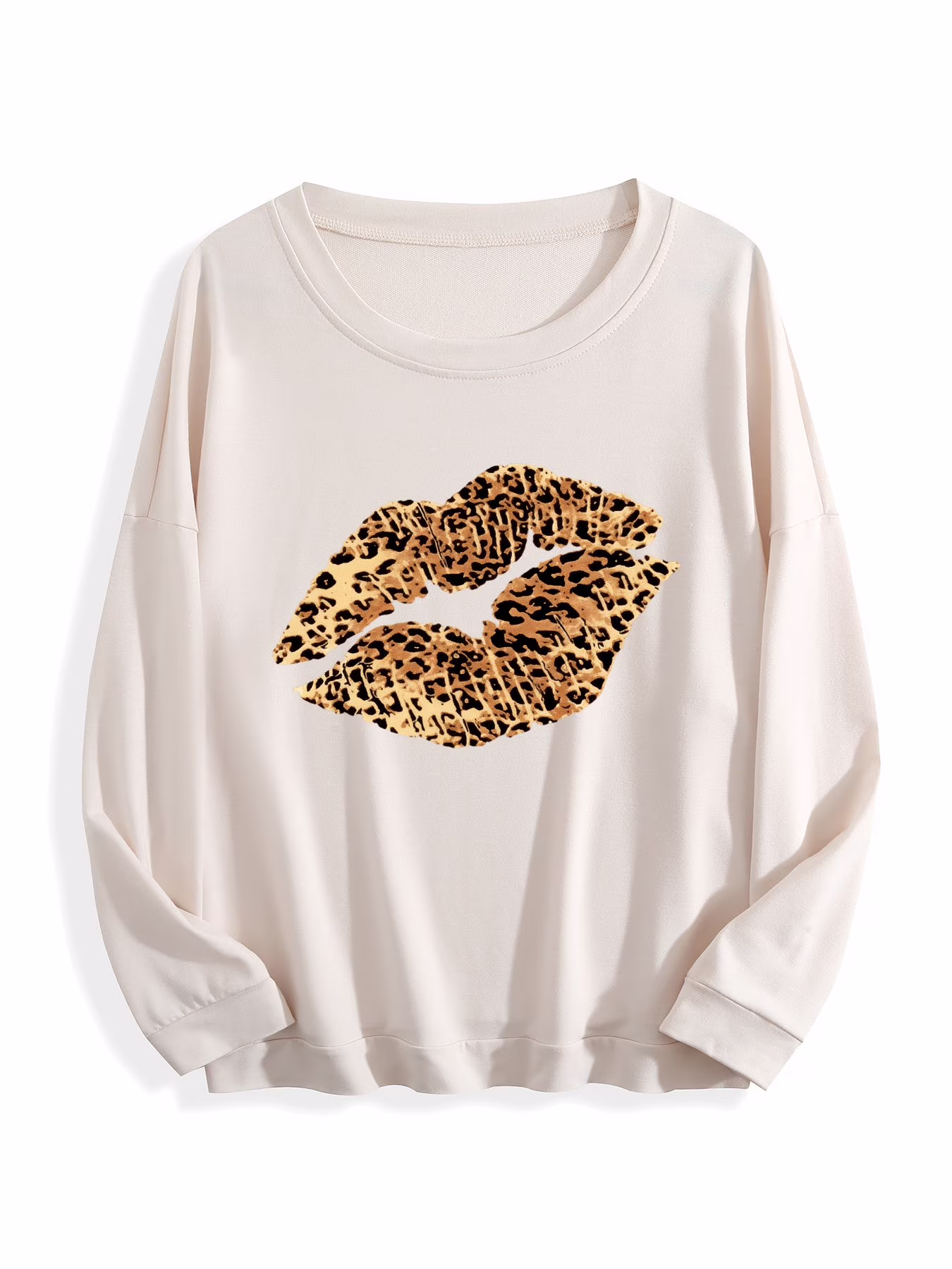 Leopard Lip Print Sweatshirt, Crew Neck Casual Sweatshirt For Winter & Fall, Women's Clothing