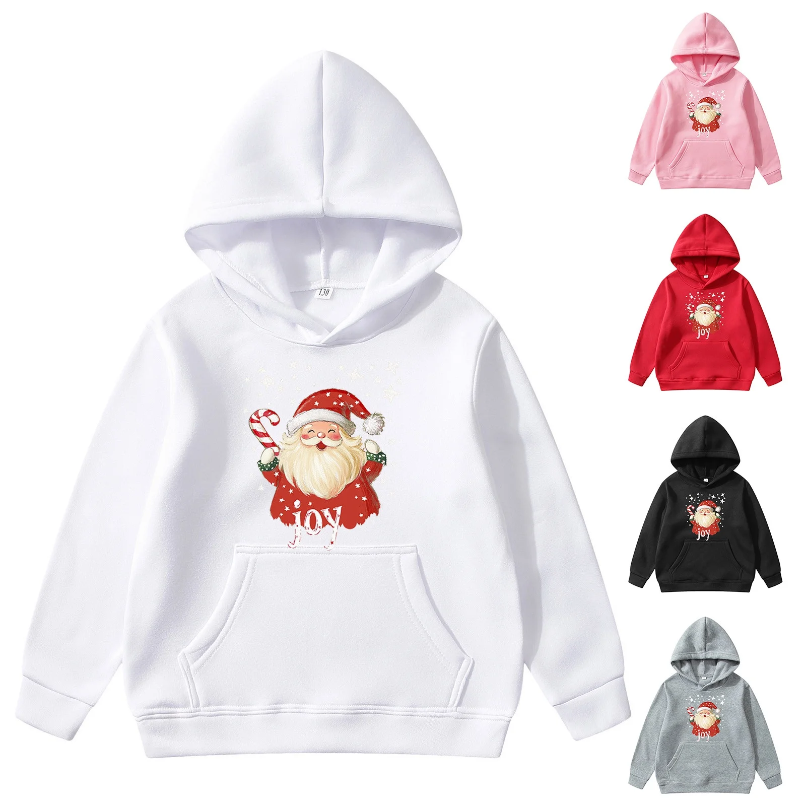 Boys Hoodies Santa Claus Print Christmas Sweatshirt For Girls Casual Long Sleeve Crewneck Pullover With Pocket Pink 9-10 Years